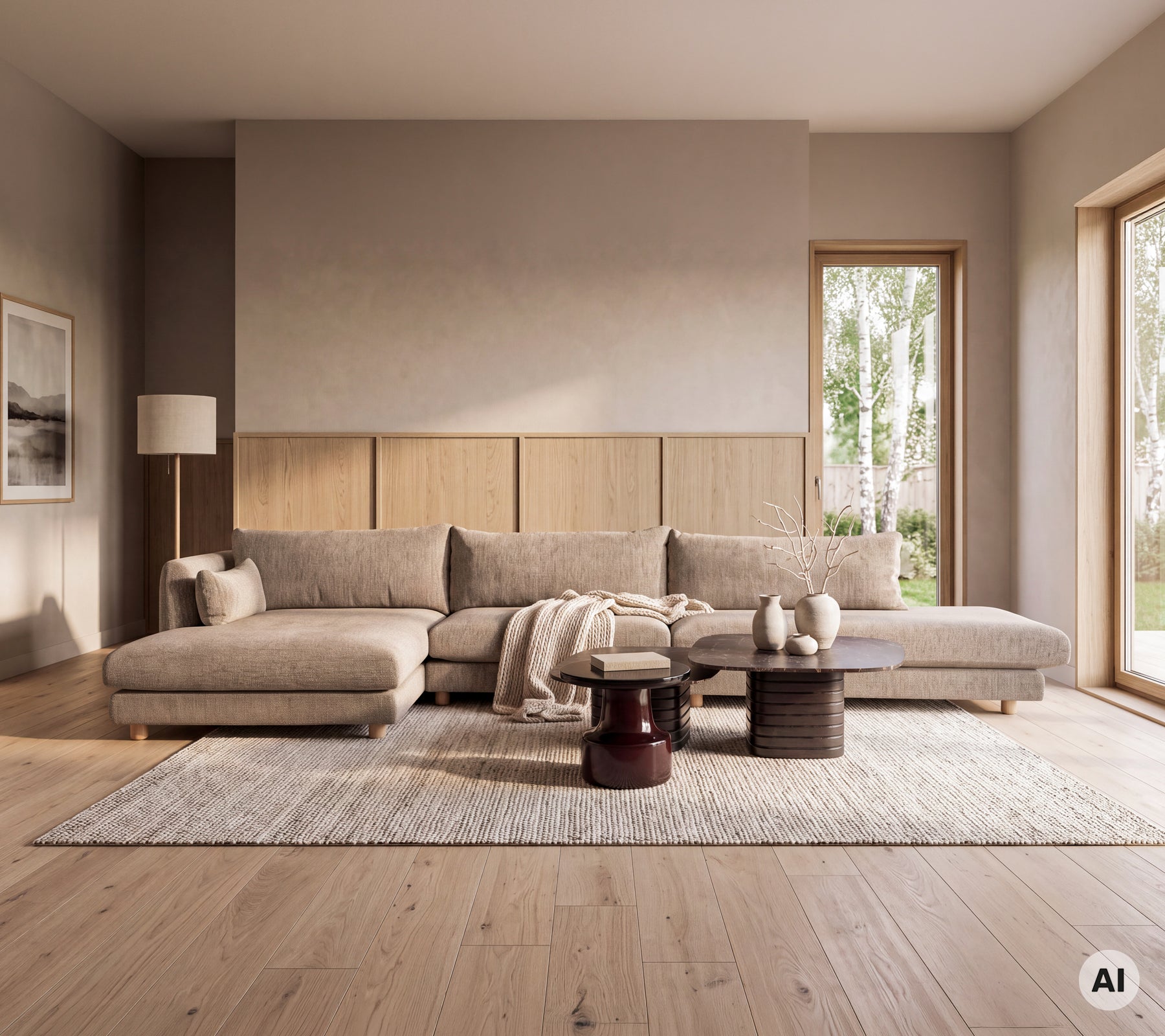 Sala moderna con un sofá, mesa auxiliar de madera y una alfombra en un entorno minimalista.