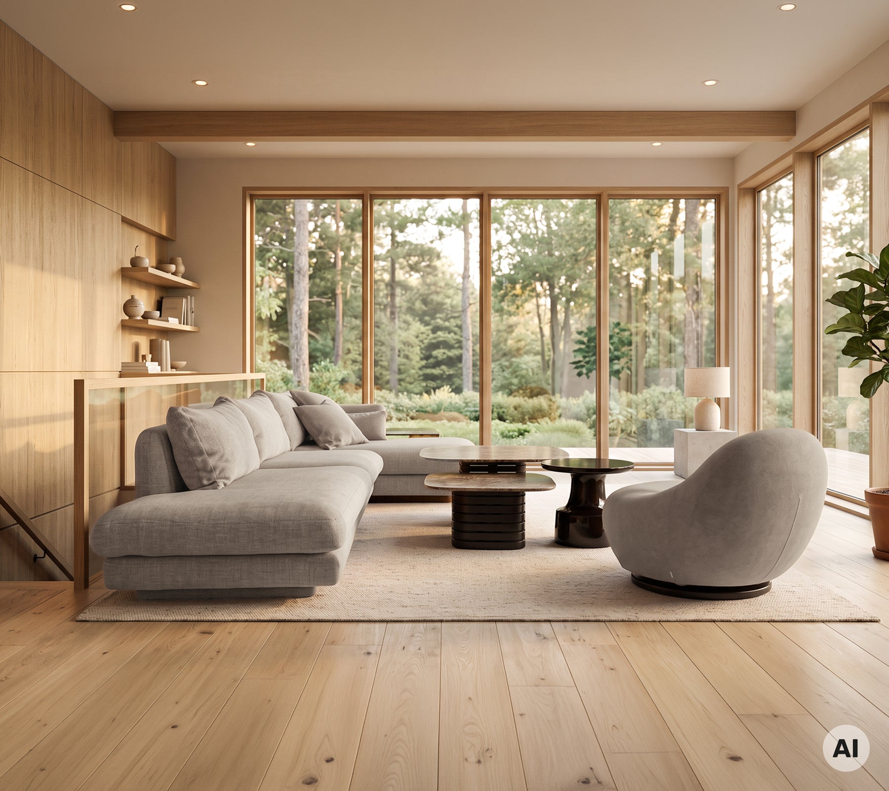 Sala moderna con sofá de esquina gris, mesa de café negra y sillón blanco.