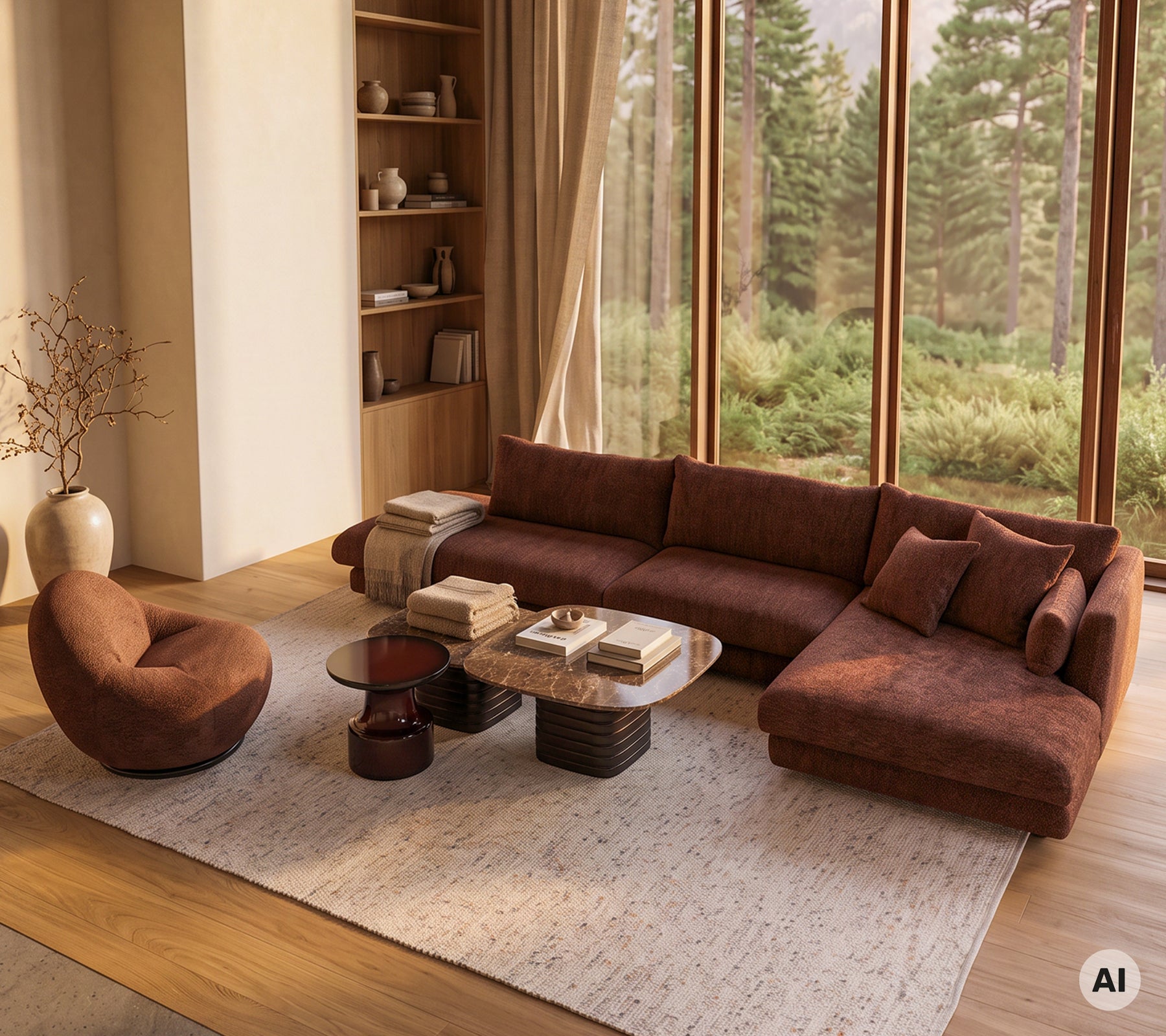 Configuración de salón acogedora con un sofá chaise longue marrón, una silla de acento y una mesa de café redonda.
