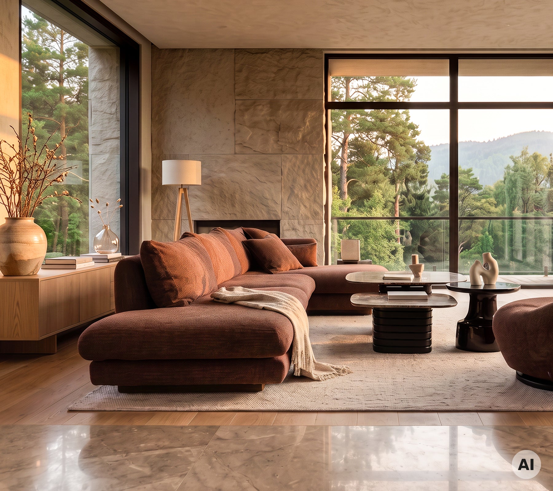 Salón moderno con un sofá marrón y una mesa de café elegante.