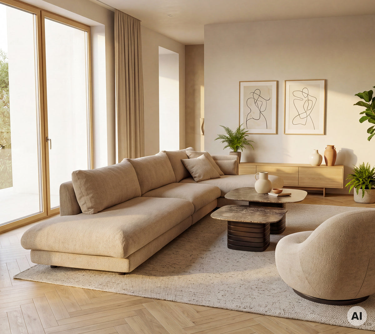 Sofá beige y sillón con una mesa de café redonda en un entorno moderno de salón.
