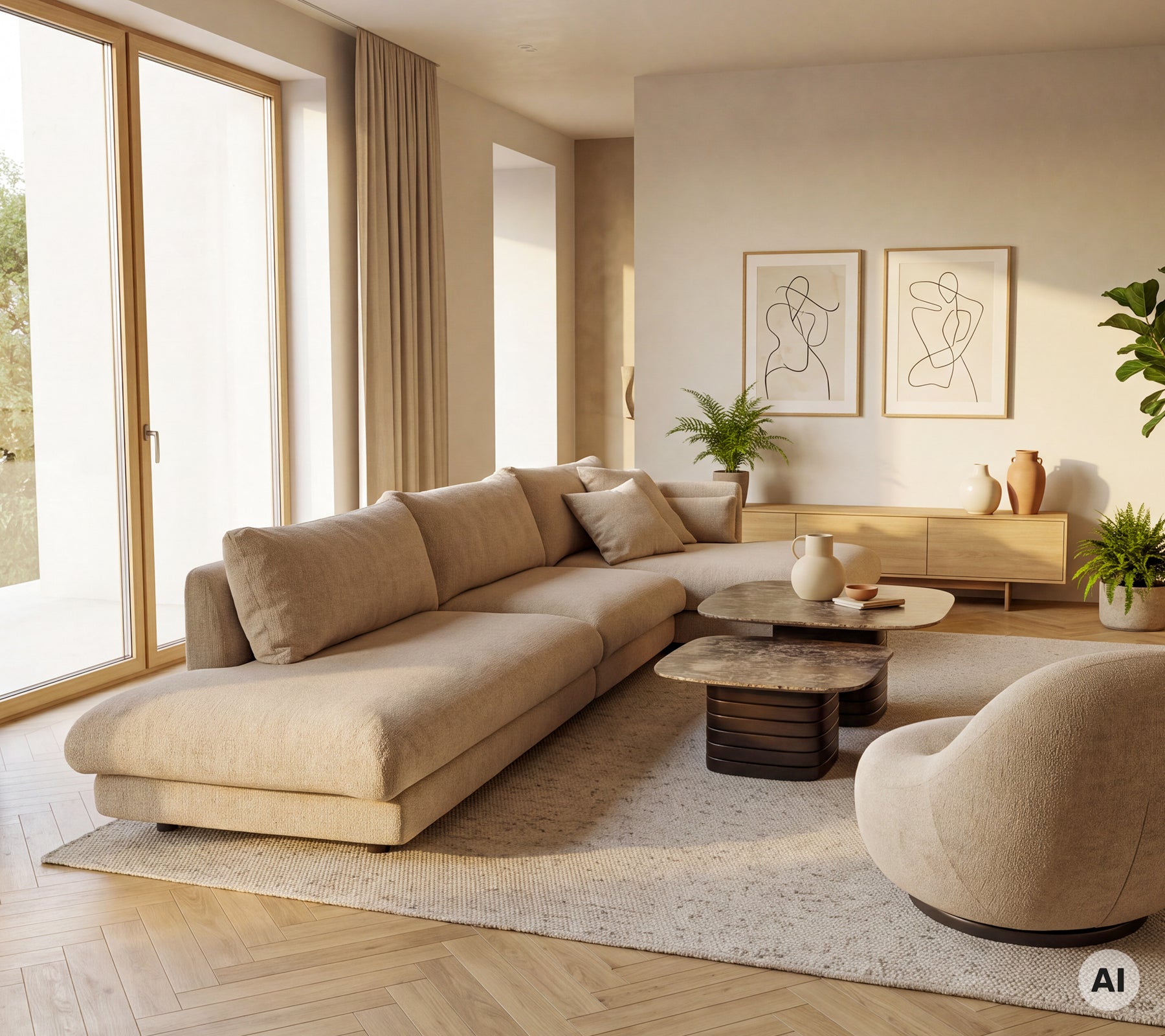 Sofá beige y sillón con una mesa de café redonda en un entorno moderno de salón.