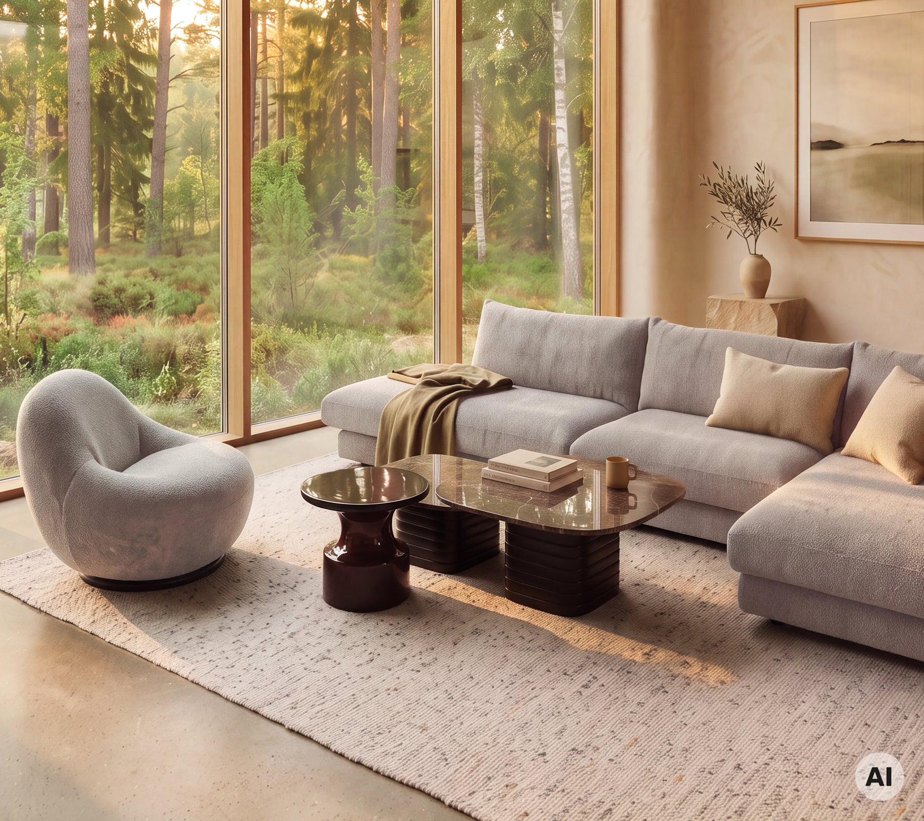 Área de salón moderna con un sofá gris, cojines beige, una mesa de café redonda y una silla curvada.