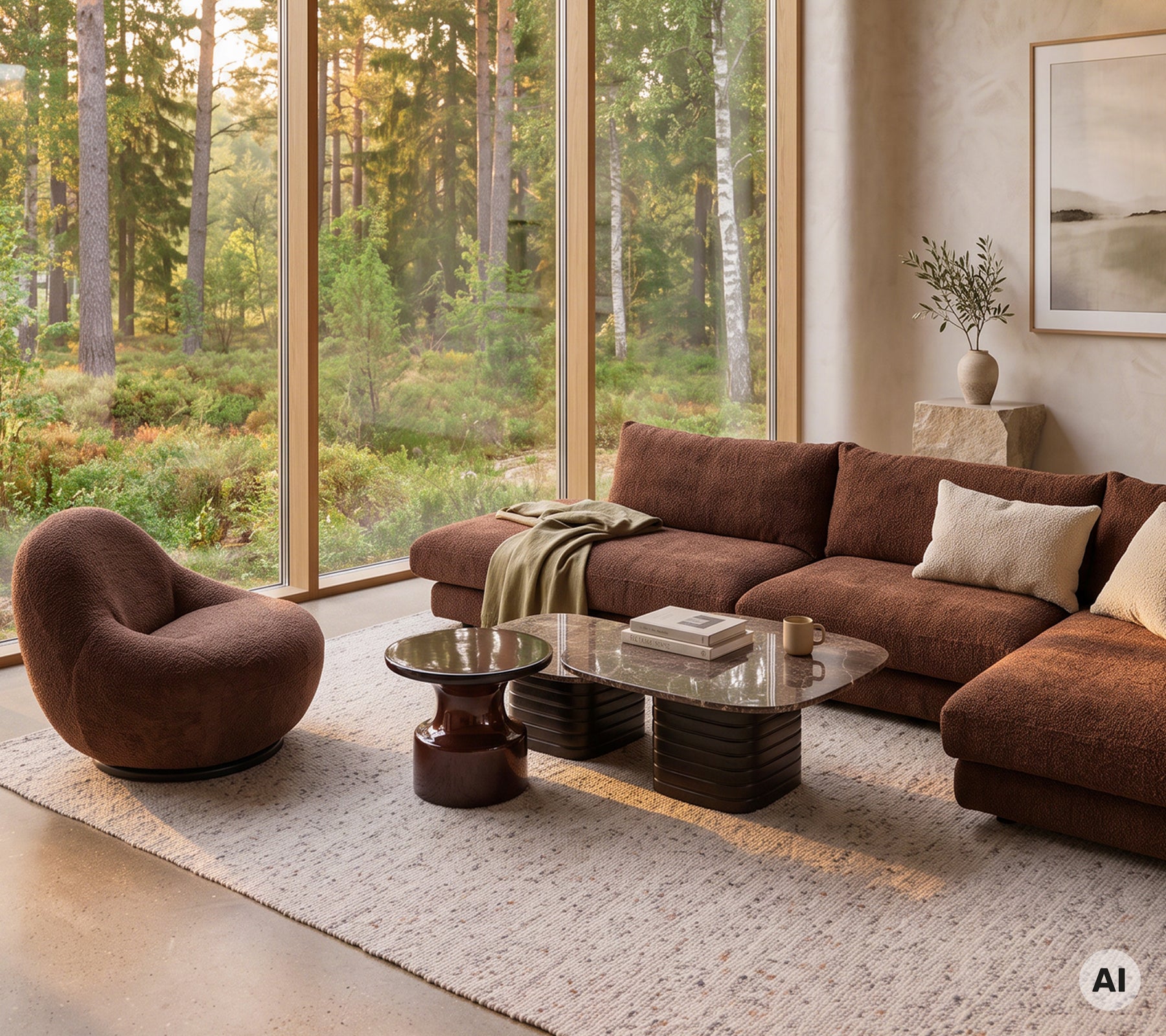 Sala moderna con un sofá marrón, una silla marrón y una mesa de café de cristal.