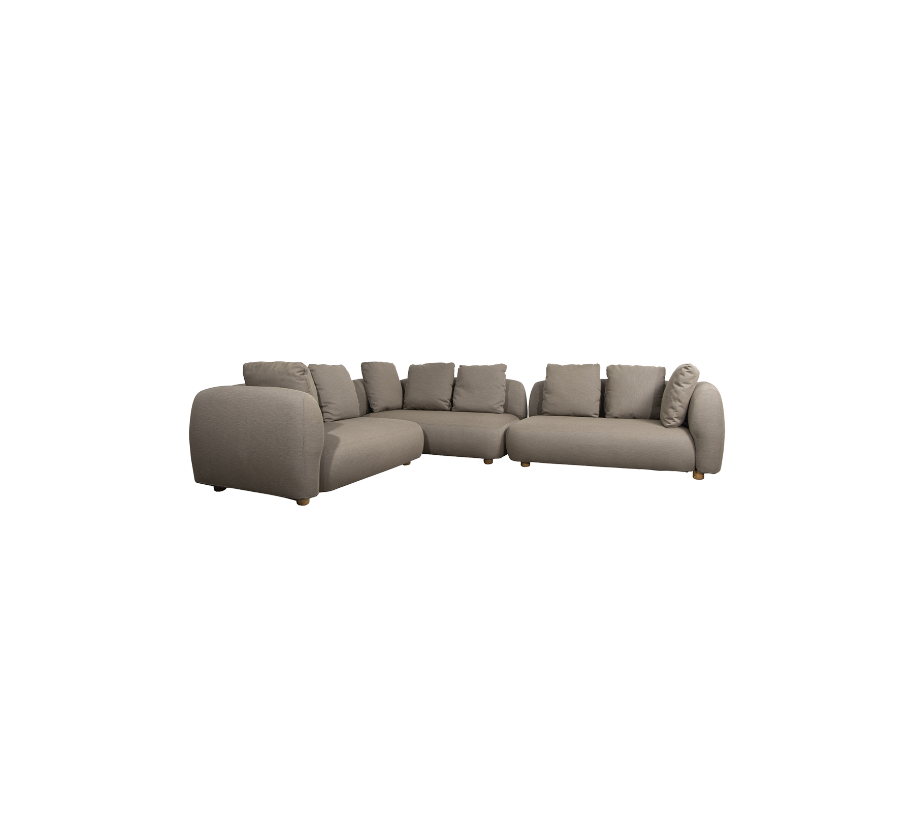 Un sofá seccional moderno en un tejido gris suave con cojines mullidos y patas de madera, diseñado para la comodidad y el estilo.