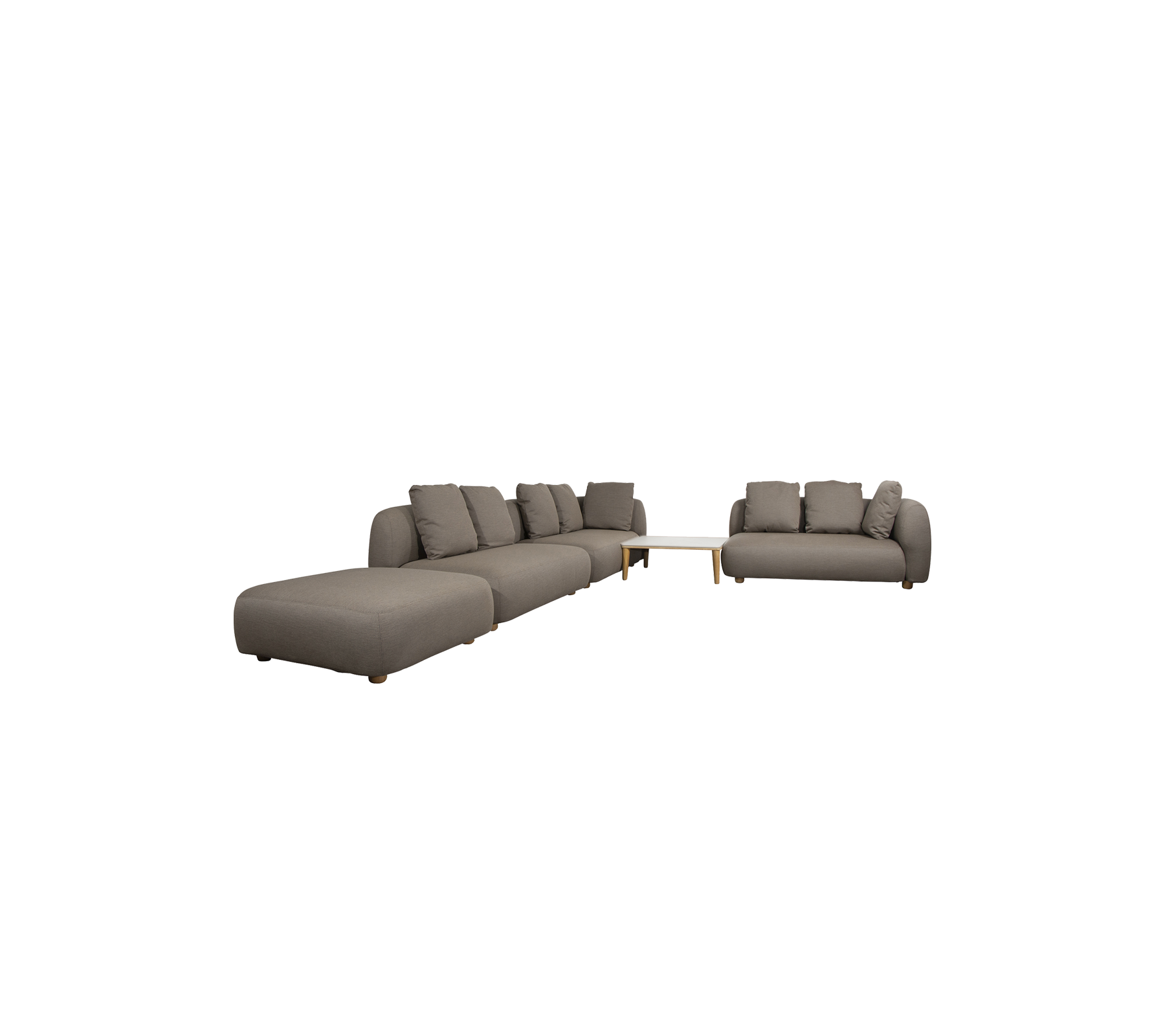 Sofá seccional taupe moderno y loveseat en un ambiente de salón elegante.