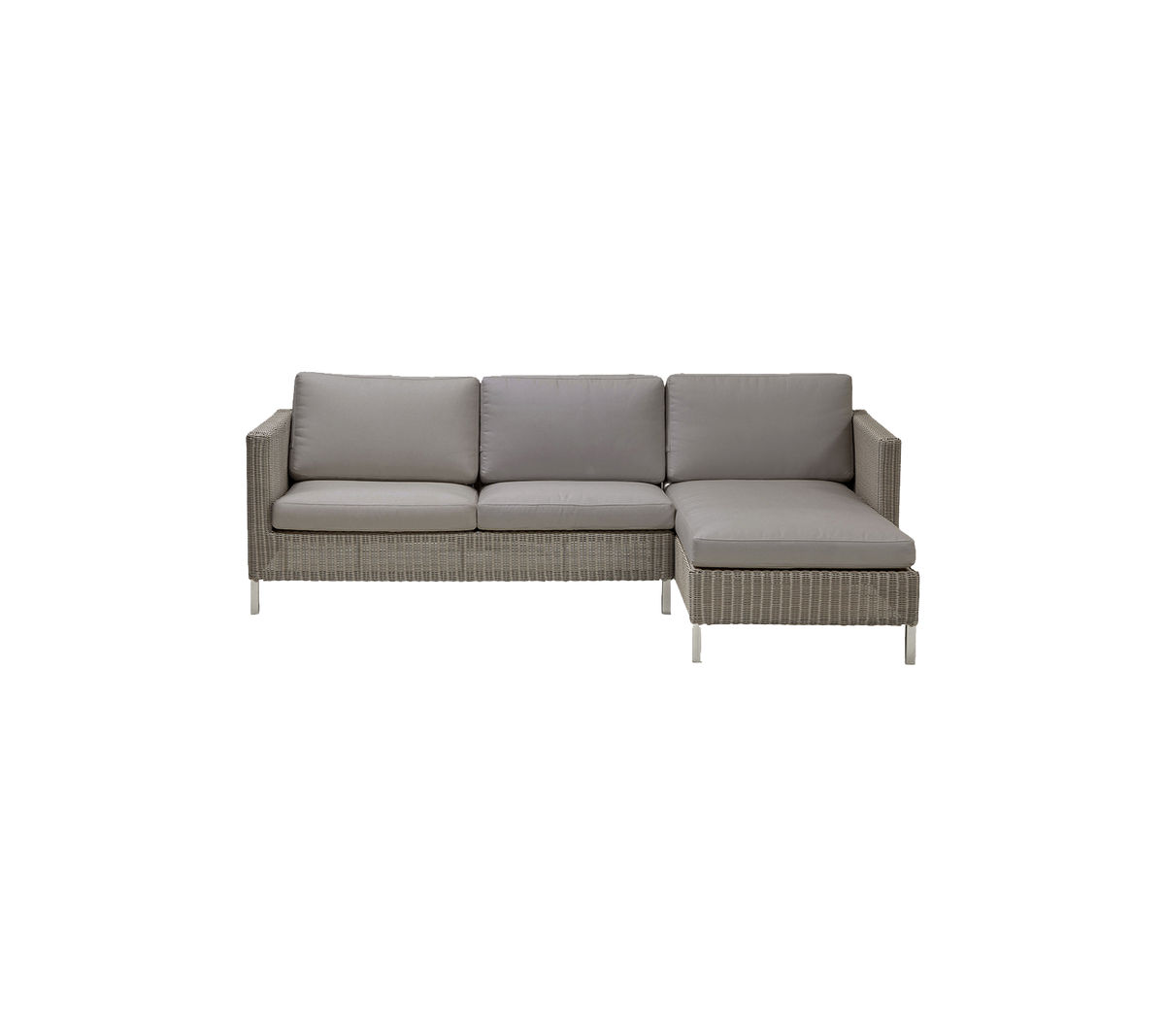 Sofá seccional moderno de color gris claro y cojines cómodos con un diseño elegante y textura tejida.