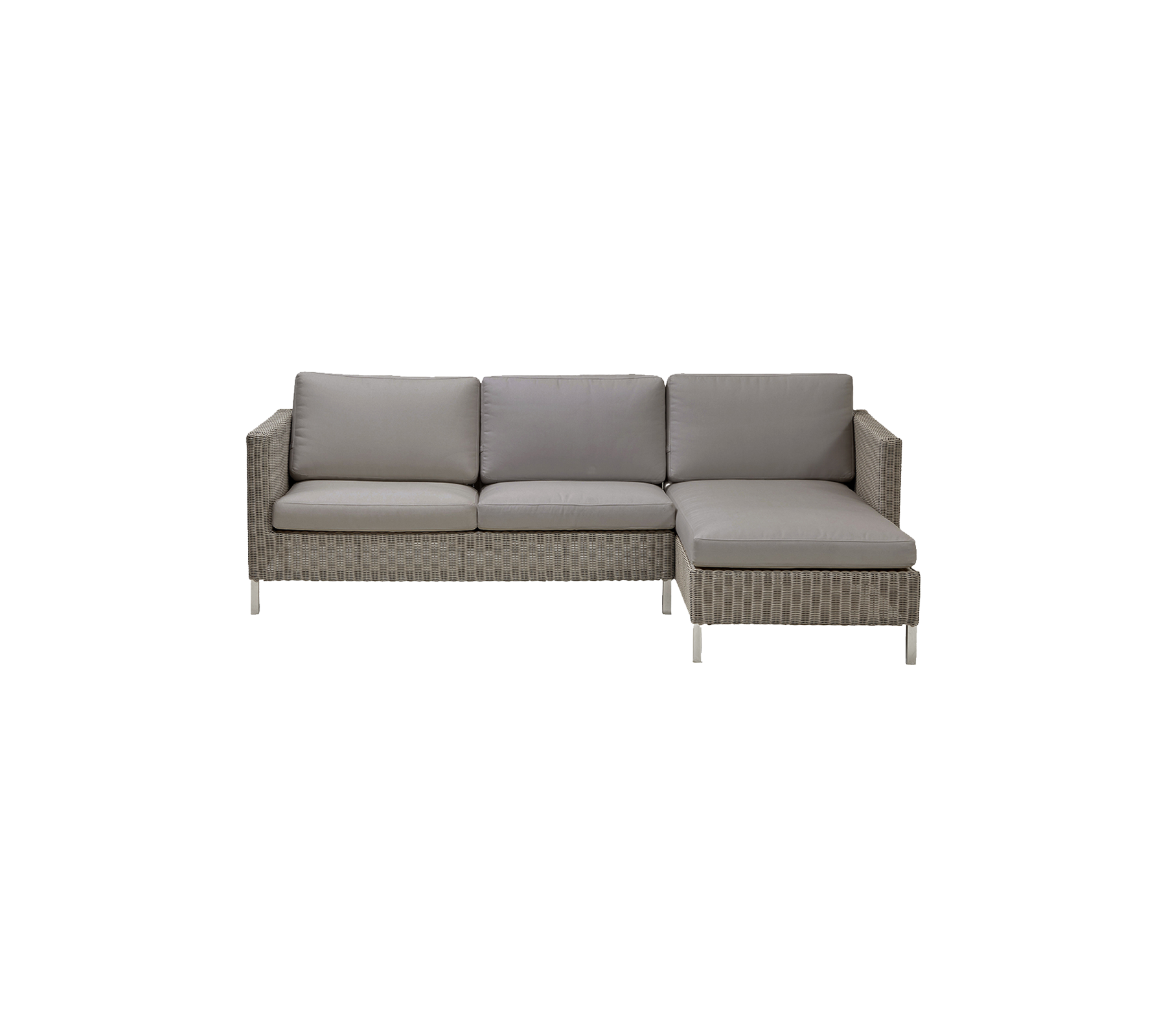 Sofá seccional moderno de color gris claro y cojines cómodos con un diseño elegante y textura tejida.