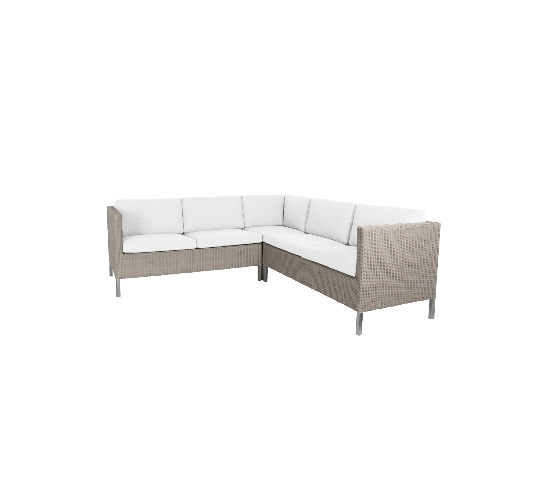 Sofá de esquina elegante con un cojín de tonos claros y un exterior tejido, perfecto para reuniones informales.