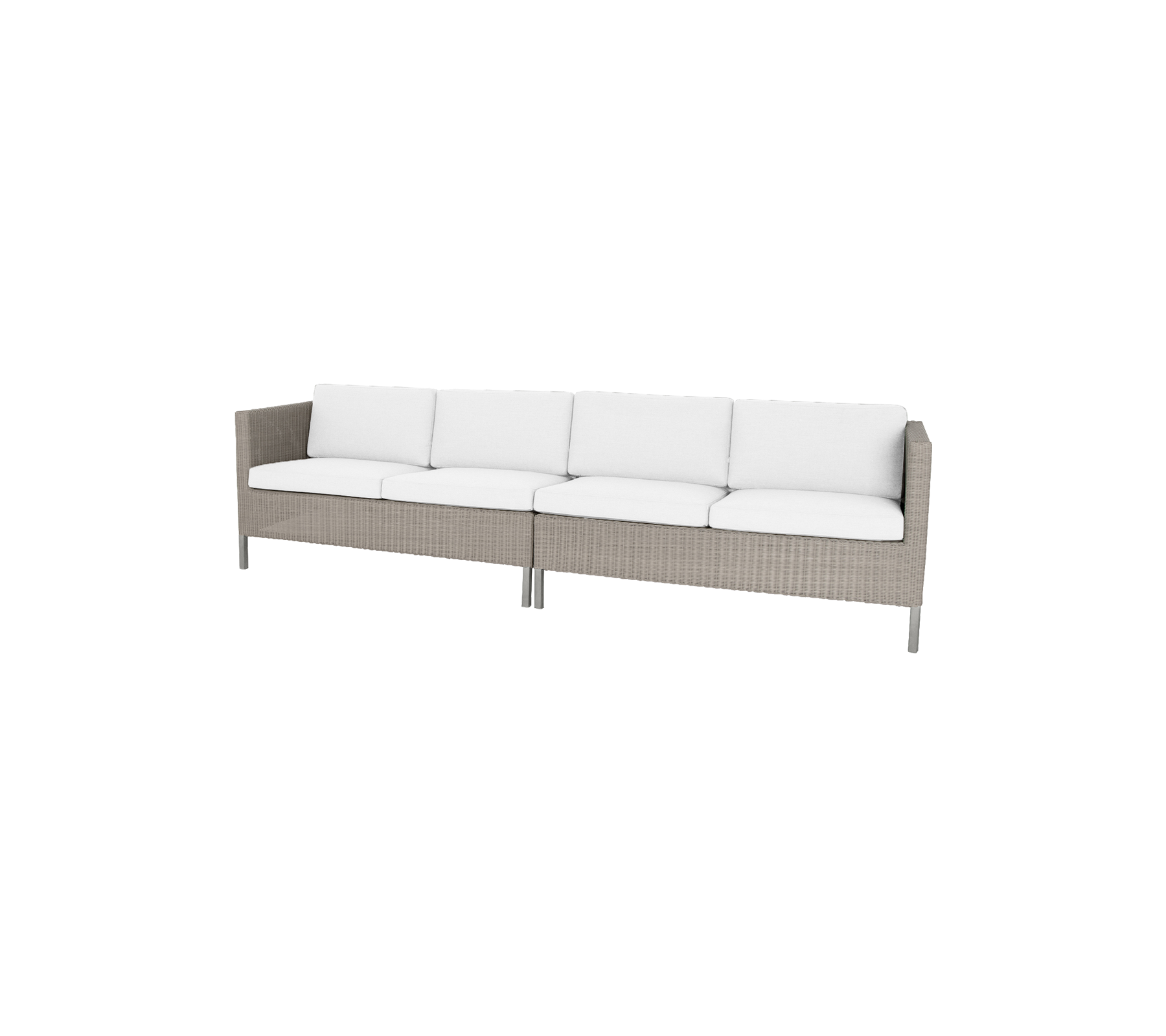 Sofá elegante con base tejida y cojines blancos de felpa, perfecto para realzar cualquier comedor.