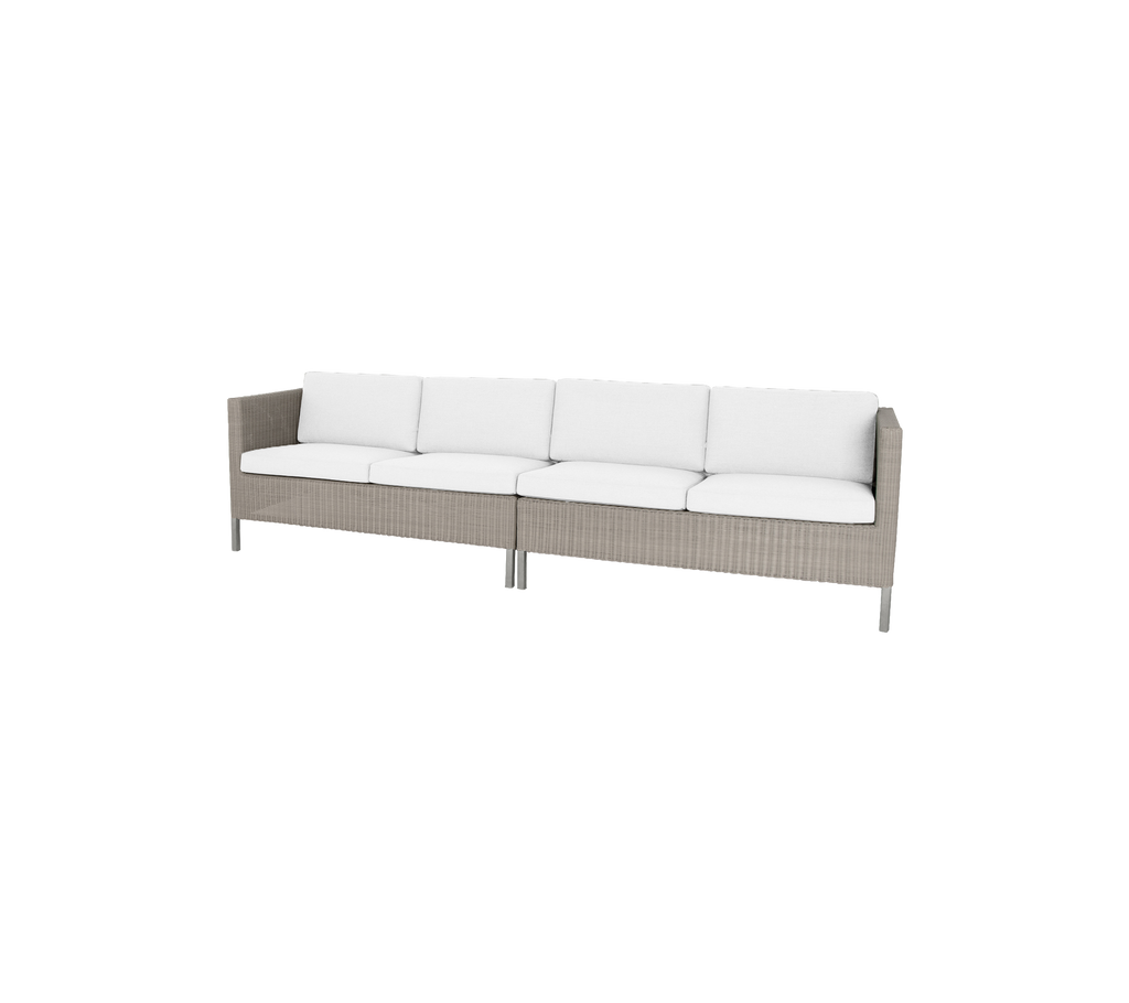 Sofá elegante con base tejida y cojines blancos de felpa, perfecto para realzar cualquier comedor.