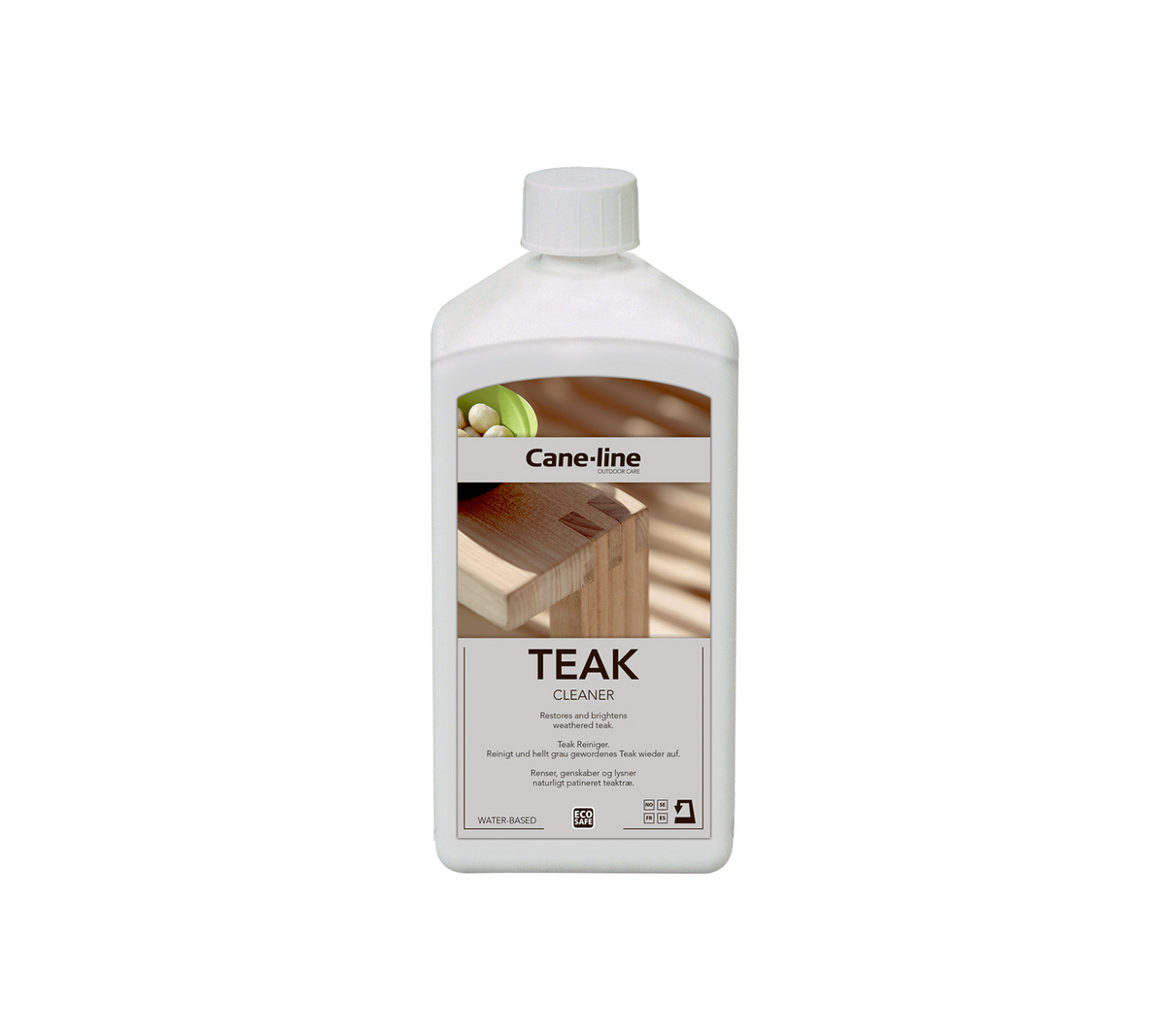 Botella de aceite de teca para el cuidado de la madera, con una etiqueta que contiene información del producto e instrucciones de uso.