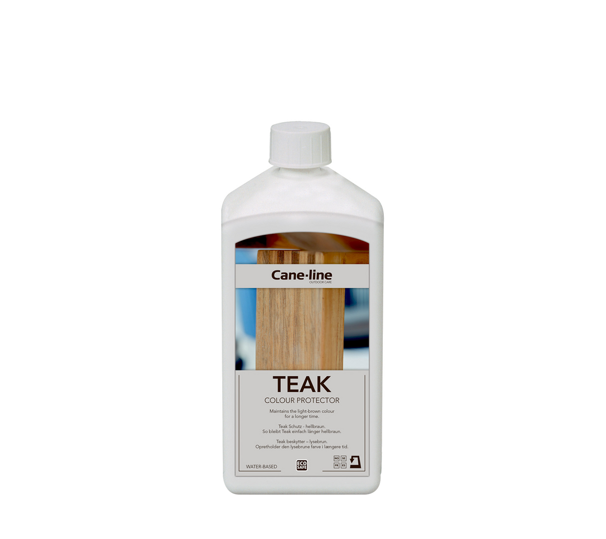 Contenedor de protector de color teca de Cane-line, diseñado para mantener y realzar la apariencia de las superficies de madera de teca.