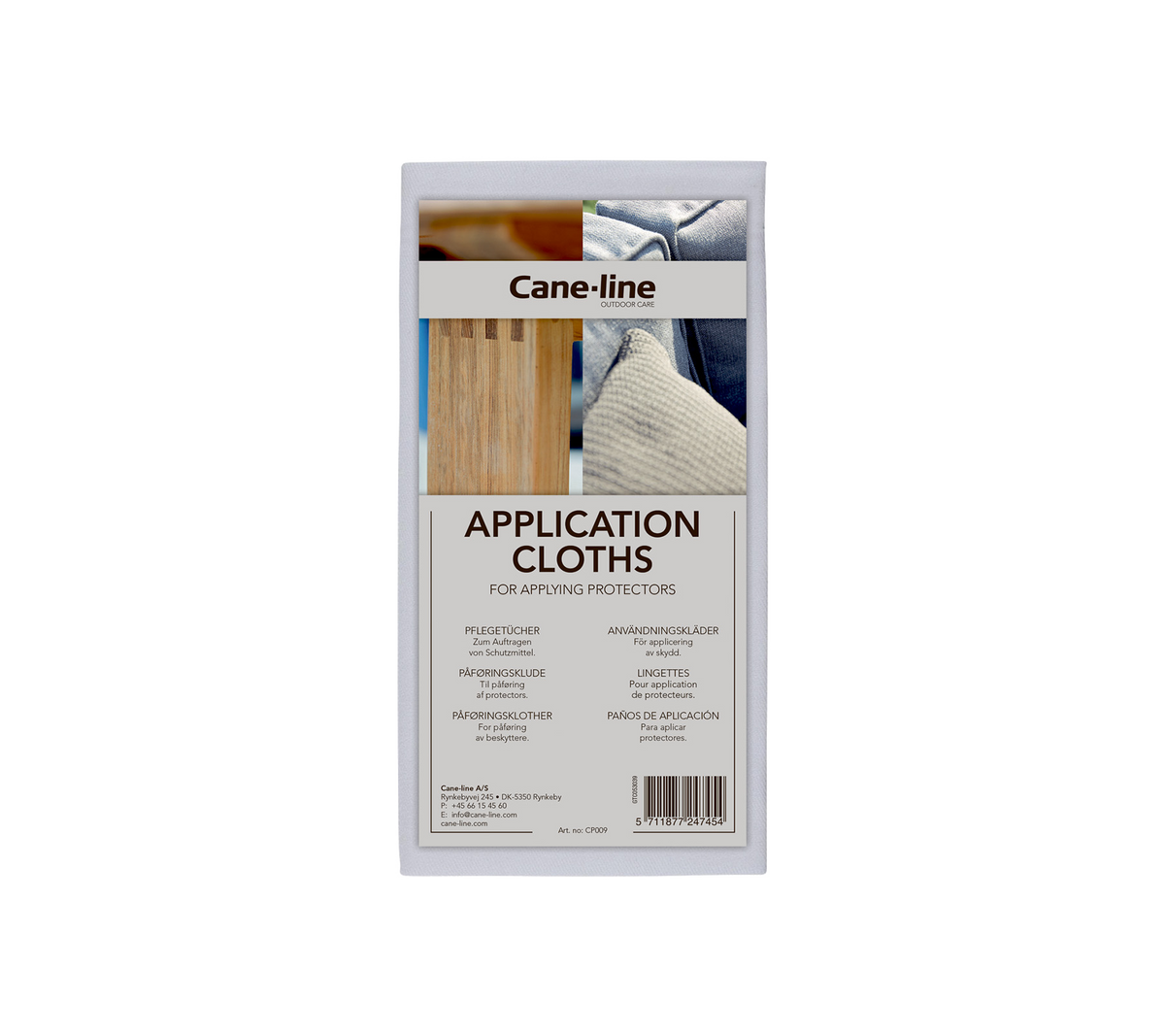 Paños de aplicación Cane-line para protección de superficies, con instrucciones y detalles de uso en el embalaje.