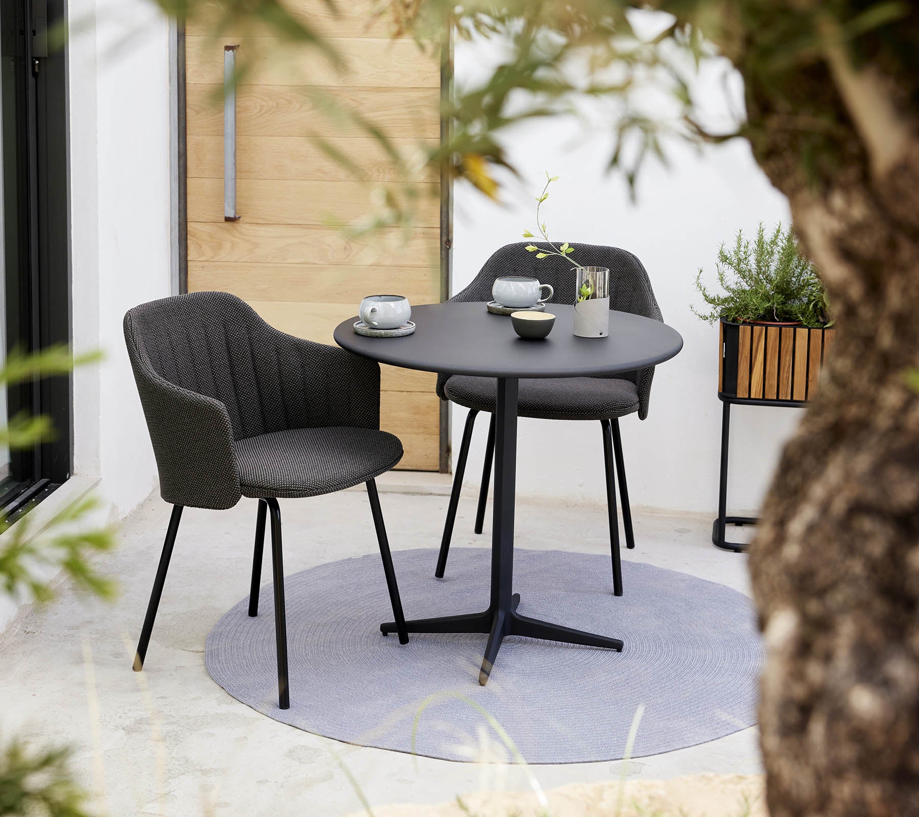Silla de elección elegante y conjunto de mesa de café redonda, acompañados de una taza y un plato, rodeados de vegetación.