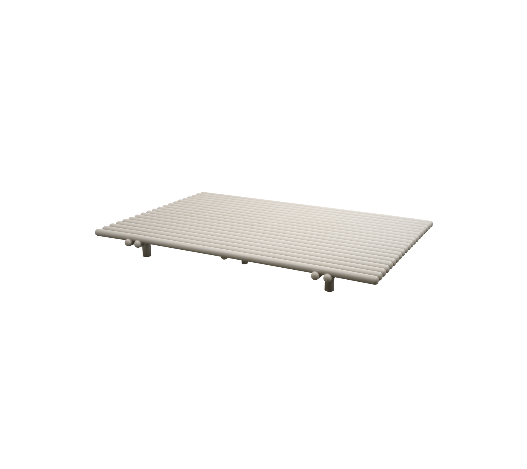 Superficie plana y rectangular con ranuras horizontales, soportada por cuatro patas, adecuada para diversos usos. El color es claro y neutral.