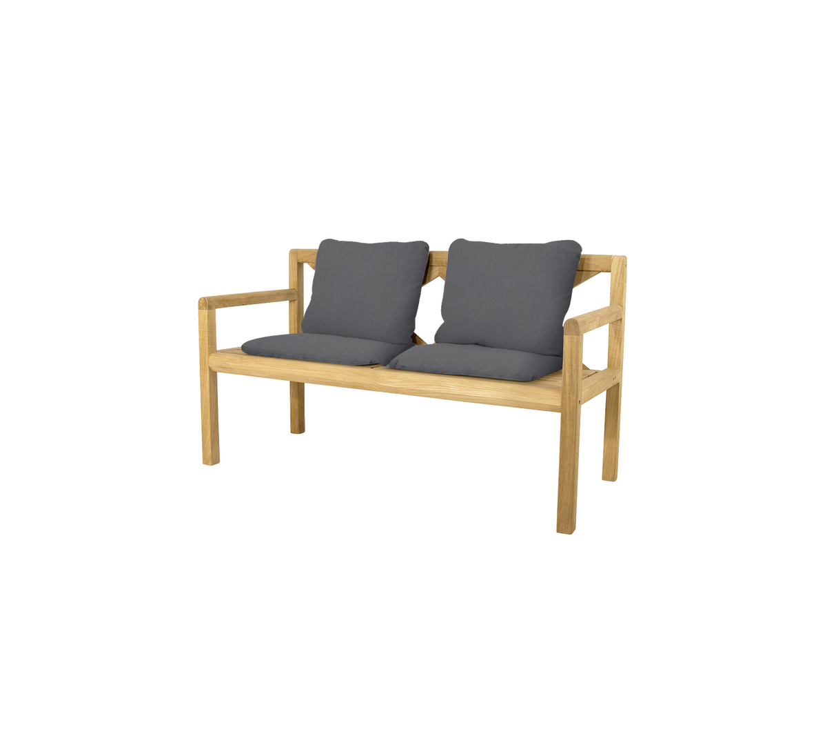 Bancada elegante para dos personas con un marco de madera natural y suaves cojines grises para mayor comodidad. Perfecta para relajarse o socializar.