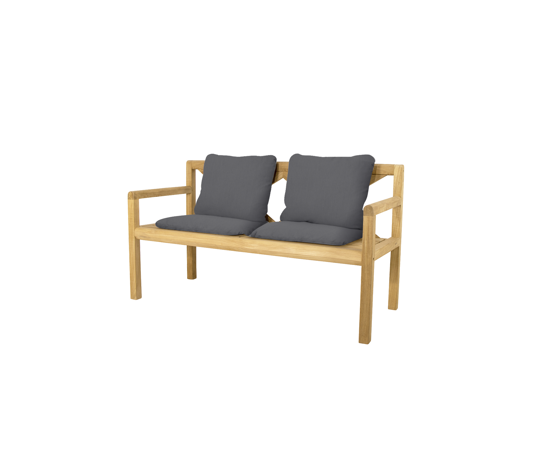 Bancada elegante para dos personas con un marco de madera natural y suaves cojines grises para mayor comodidad. Perfecta para relajarse o socializar.
