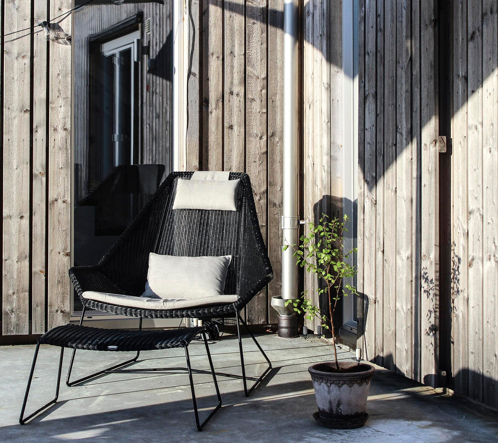 Una silla negra elegante con un cojín, situada junto a una pequeña planta en maceta contra un fondo de madera.