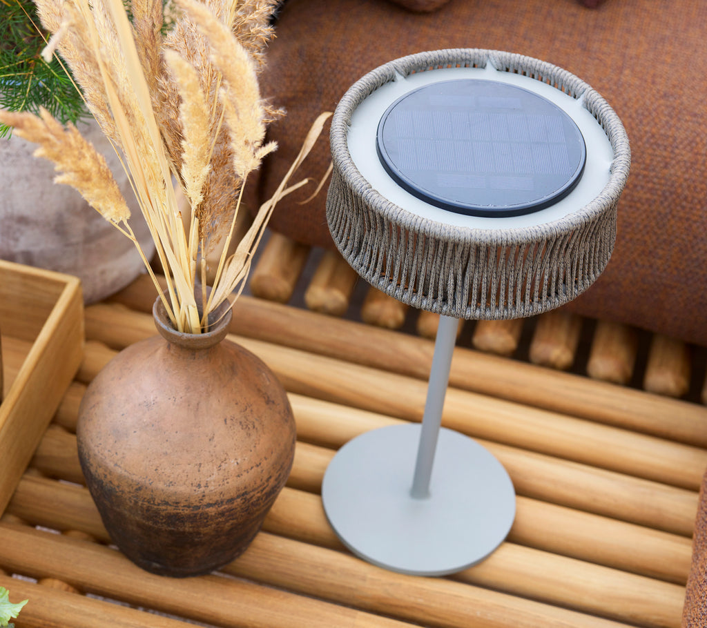 Lámpara de ilusión estilosa con luz LED sobre un soporte delgado, acompañada de un jarrón decorativo y plantas secas sobre una superficie de madera.