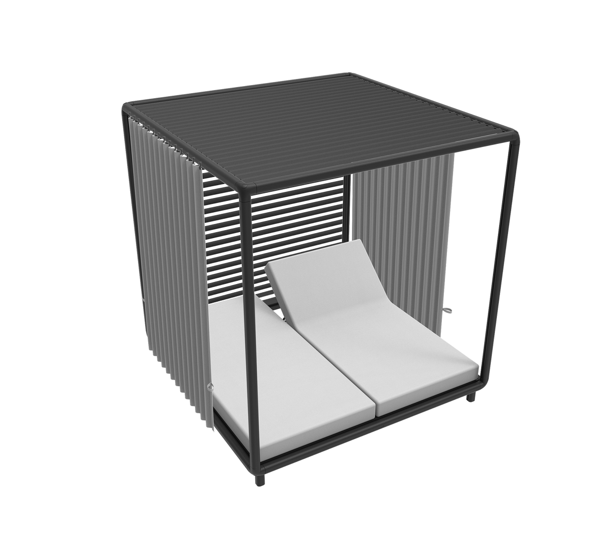 Cabaña elegante con un diseño moderno que cuenta con dos tumbonas acolchadas y listones verticales elegantes para un aspecto contemporáneo.