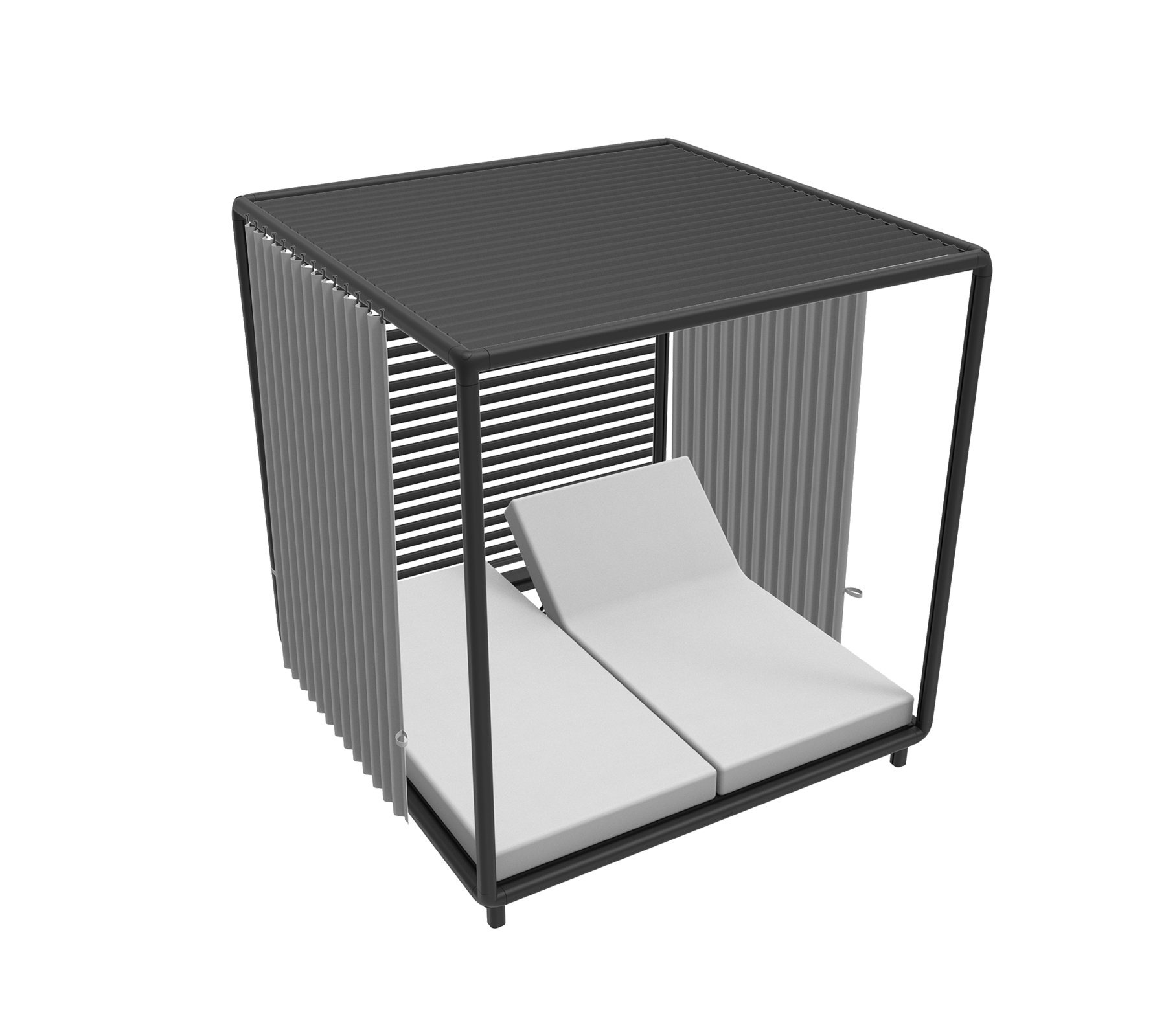 Cabaña elegante con un diseño moderno que cuenta con dos tumbonas acolchadas y listones verticales elegantes para un aspecto contemporáneo.