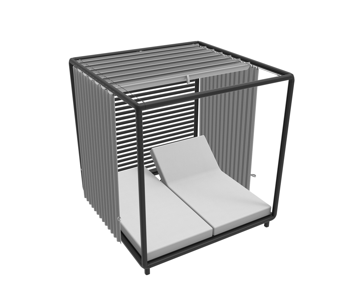 Cabana elegante con un marco elegante y dos cómodas sillas de lounge, ideales para relajarse y tomar el sol.