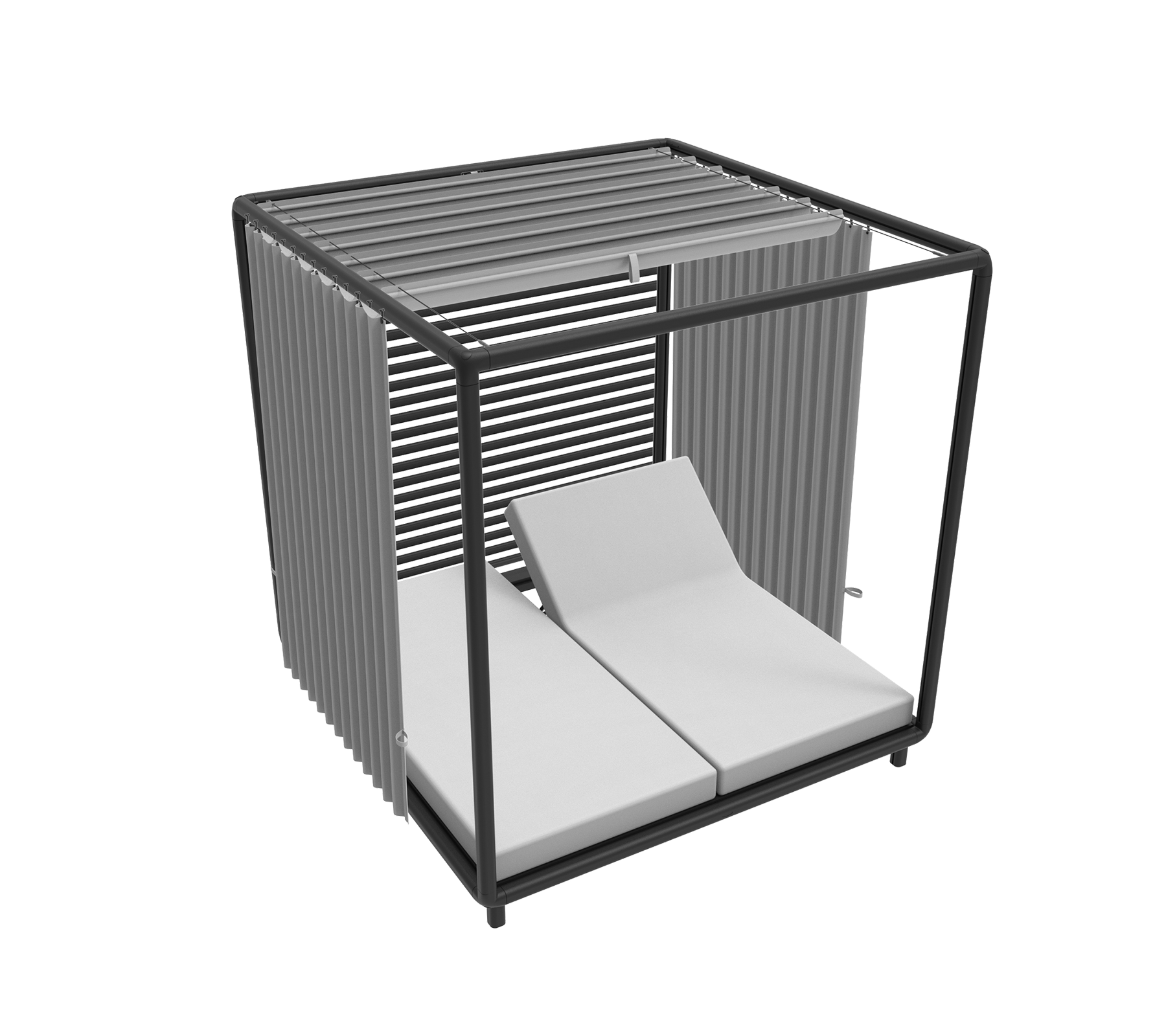 Cabana elegante con un marco elegante y dos cómodas sillas de lounge, ideales para relajarse y tomar el sol.