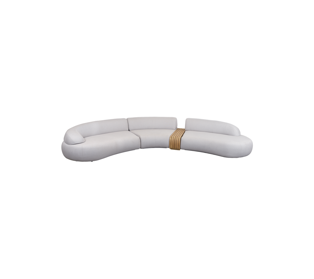 Sofá curvado y elegante con un diseño elegante, tapizado suave y un acento de madera para un aspecto moderno. Perfecto para espacios de relajación.