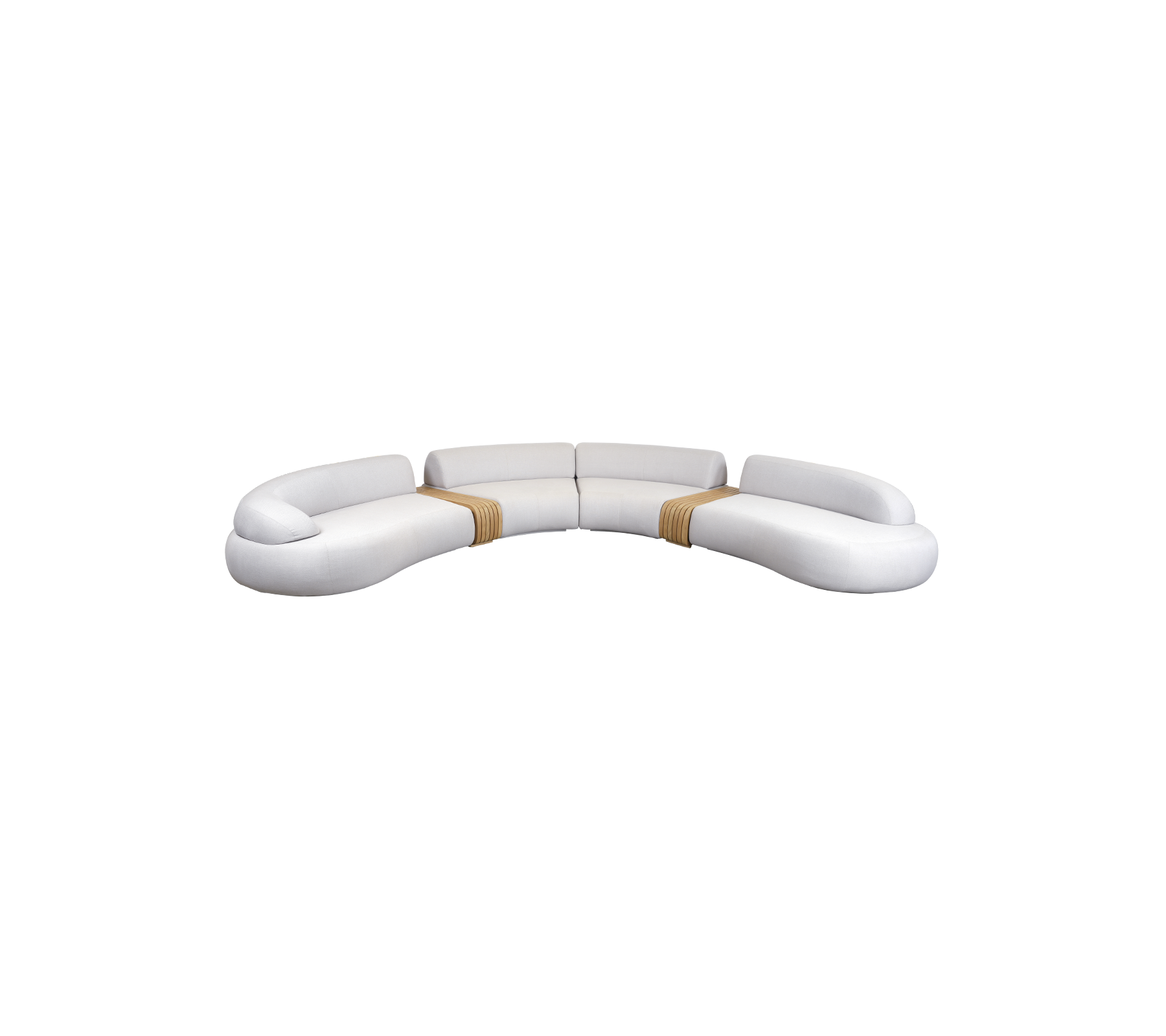 Sofá blanco curvado con líneas suaves y acentos de madera, diseñado para la comodidad y la estética moderna. Ideal para cualquier espacio de vida.