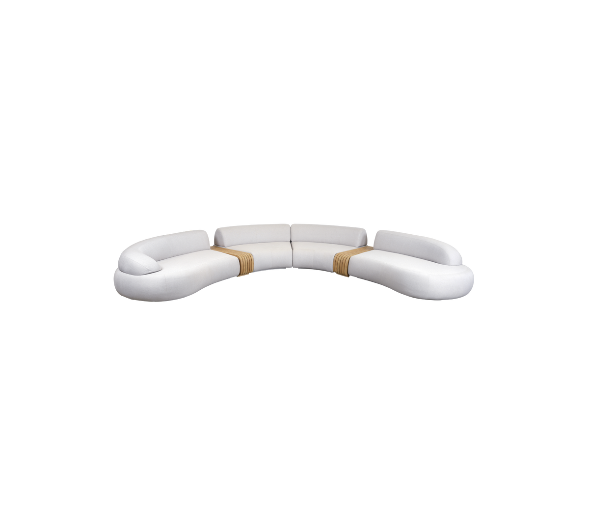 Sofá blanco curvado con líneas suaves y acentos de madera, diseñado para la comodidad y la estética moderna. Ideal para cualquier espacio de vida.