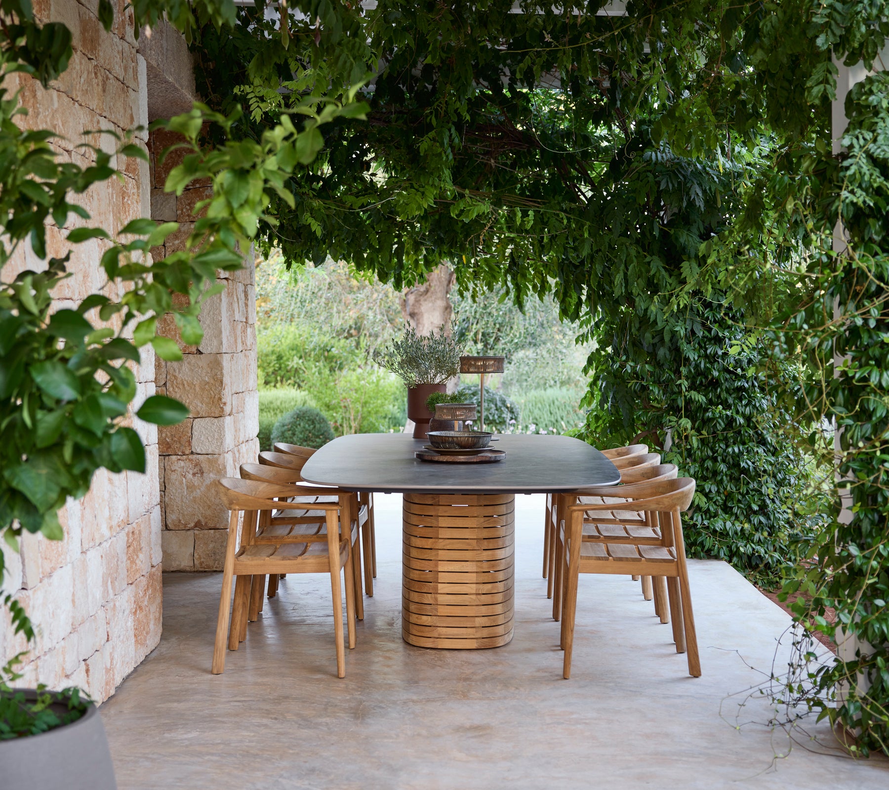 Mesa de comedor de madera rodeada de sillas bajo la vegetación.