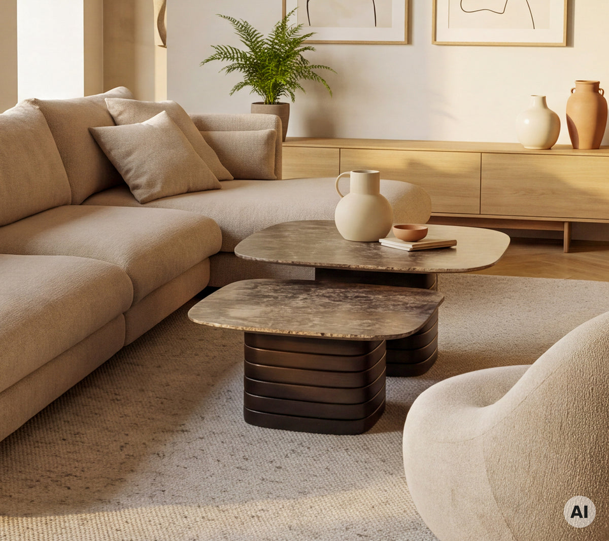 Sofá beige con una mesa de café marrón y un jarrón blanco en un entorno de salón moderno.