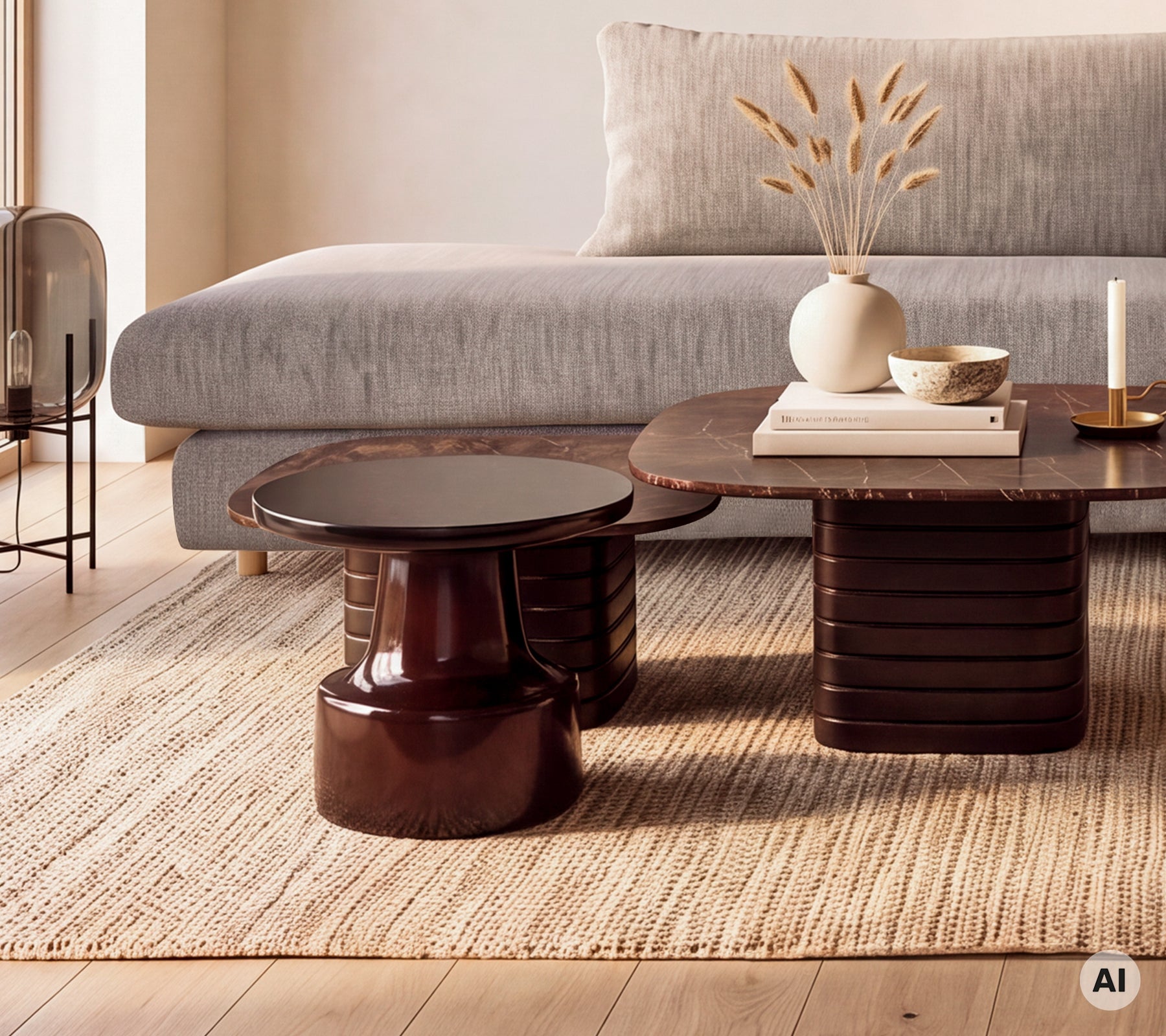 Sofá gris con mesa de café marrón y mesa auxiliar negra en un ambiente de salón moderno.
