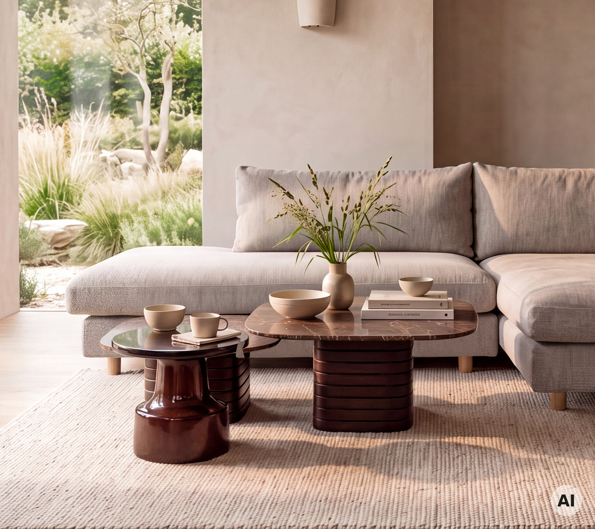 Sala moderna con un sofá gris, una mesa marrón y una alfombra beige.