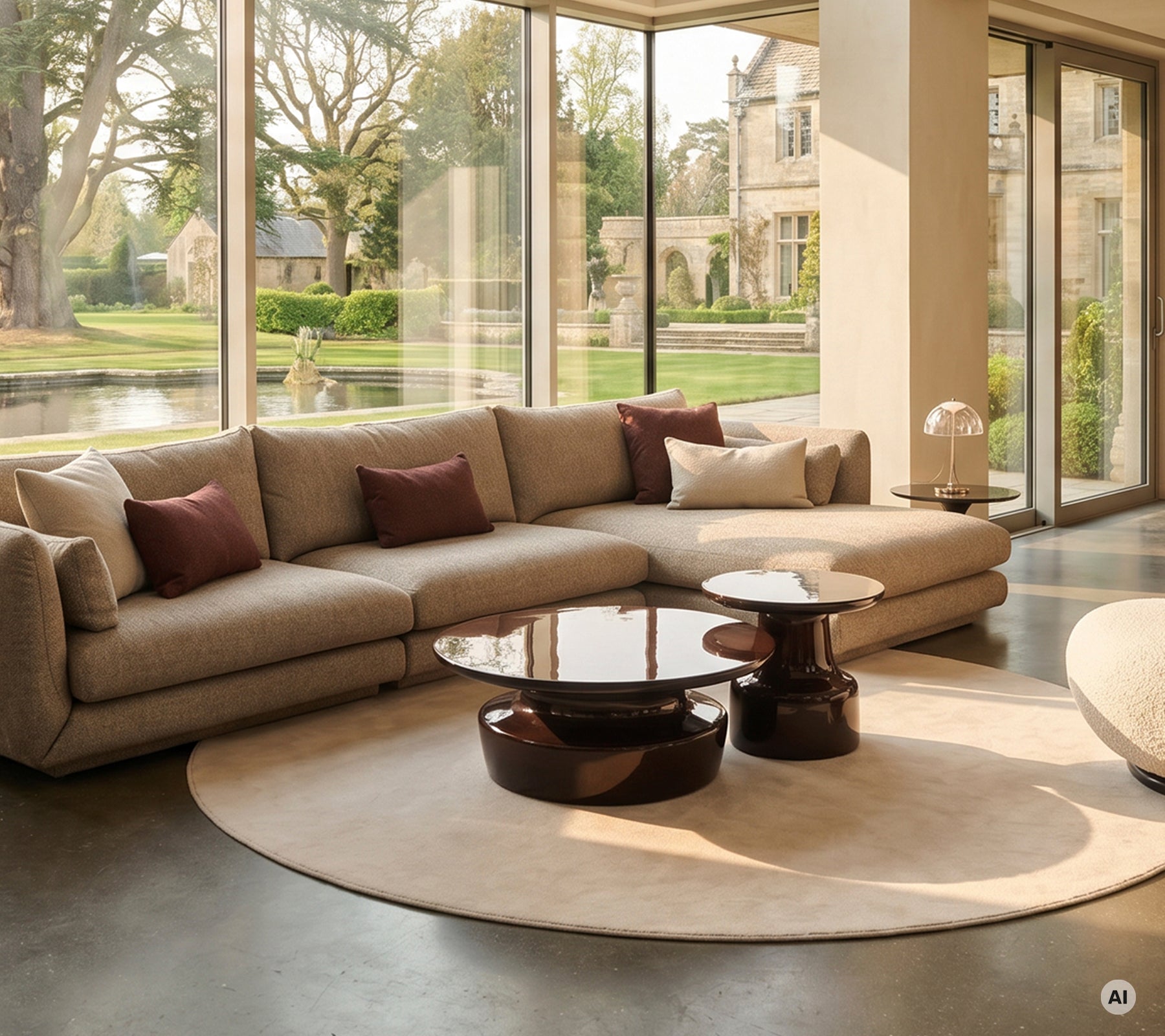 Sala moderna con sofá seccional beige, mesa de café marrón y alfombra cremosa.