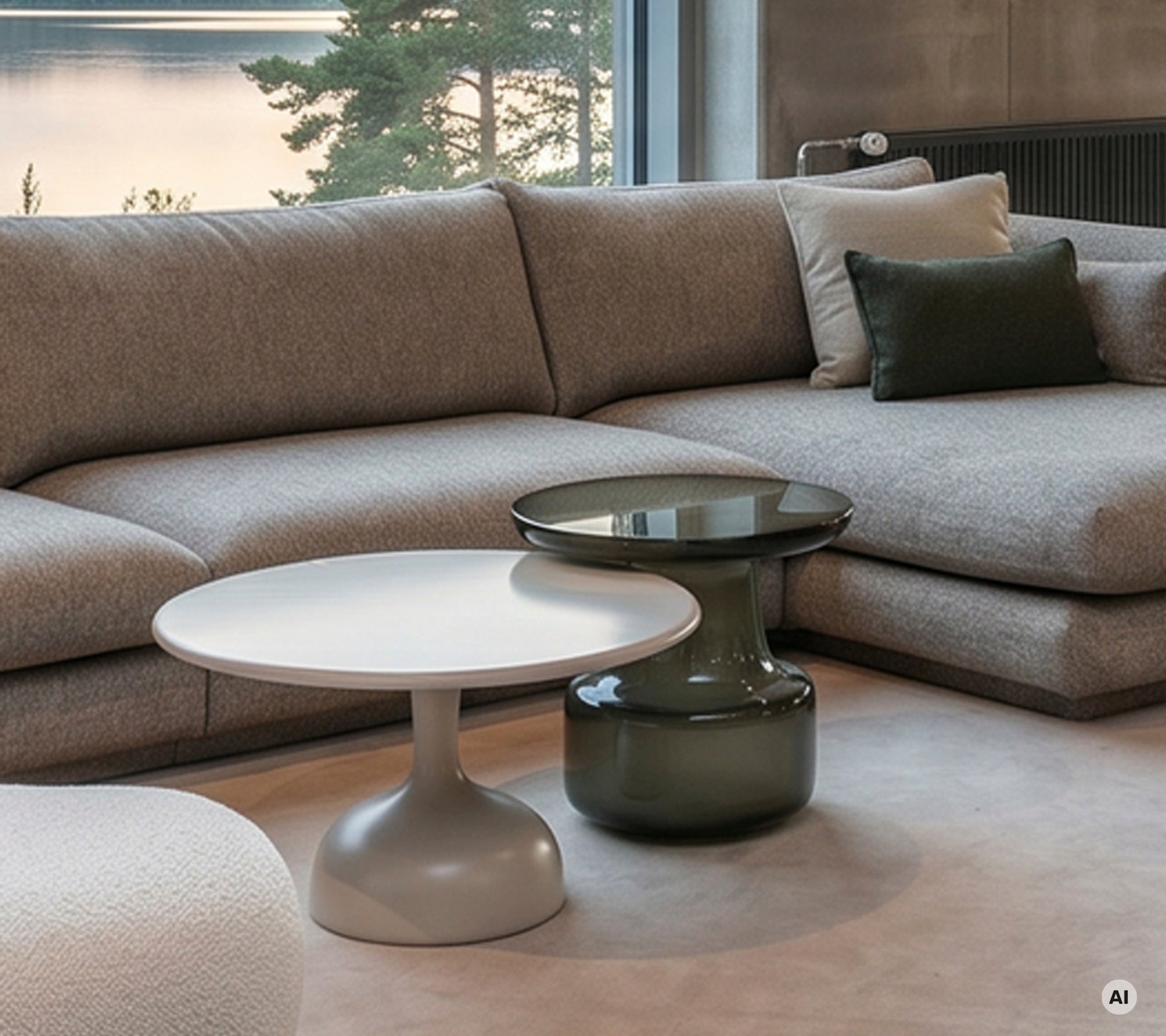 Sala moderna con un sofá gris y mesas blancas y verdes.