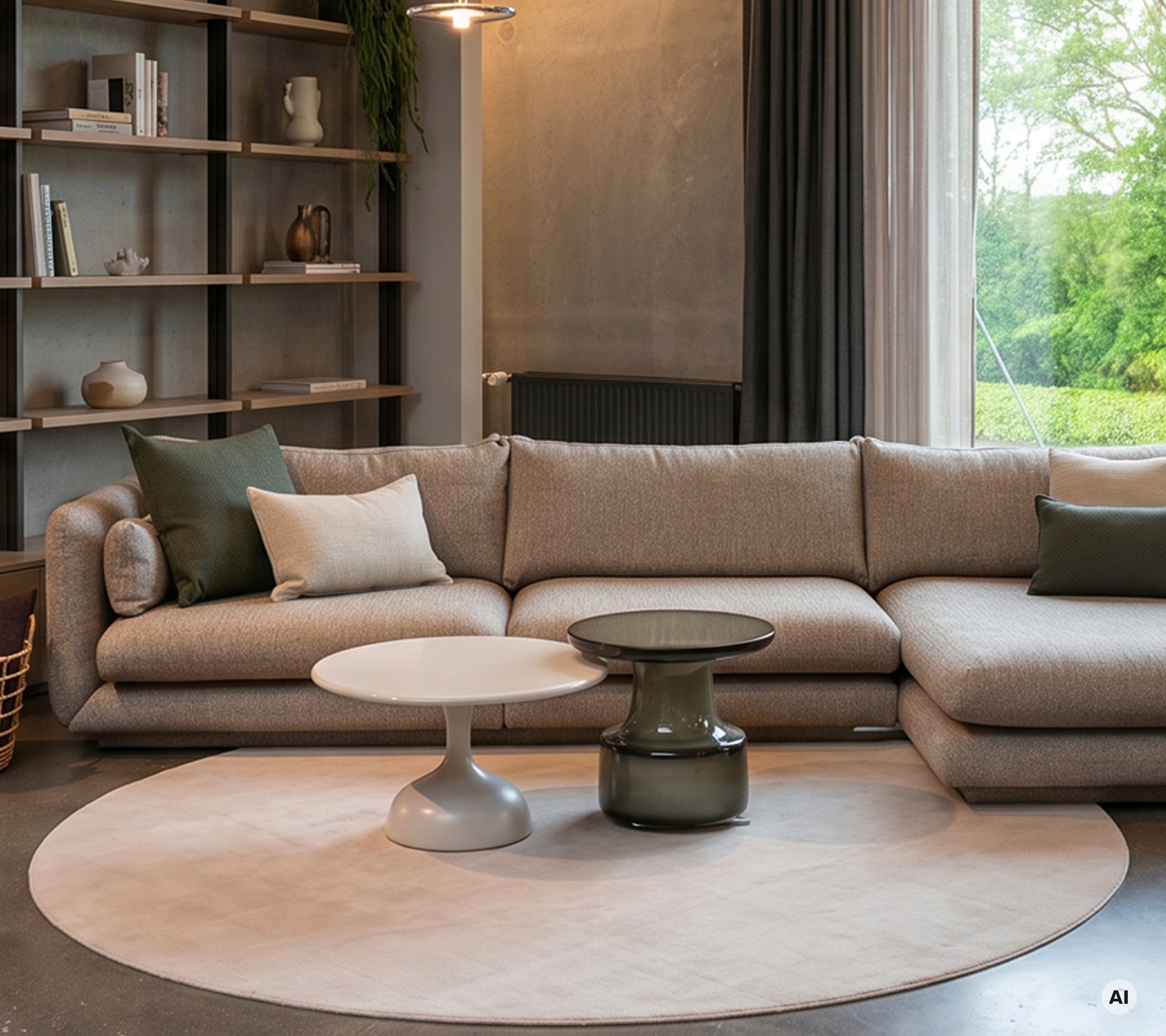 Sala moderna con sofá beige, mesa blanca y cojín verde.
