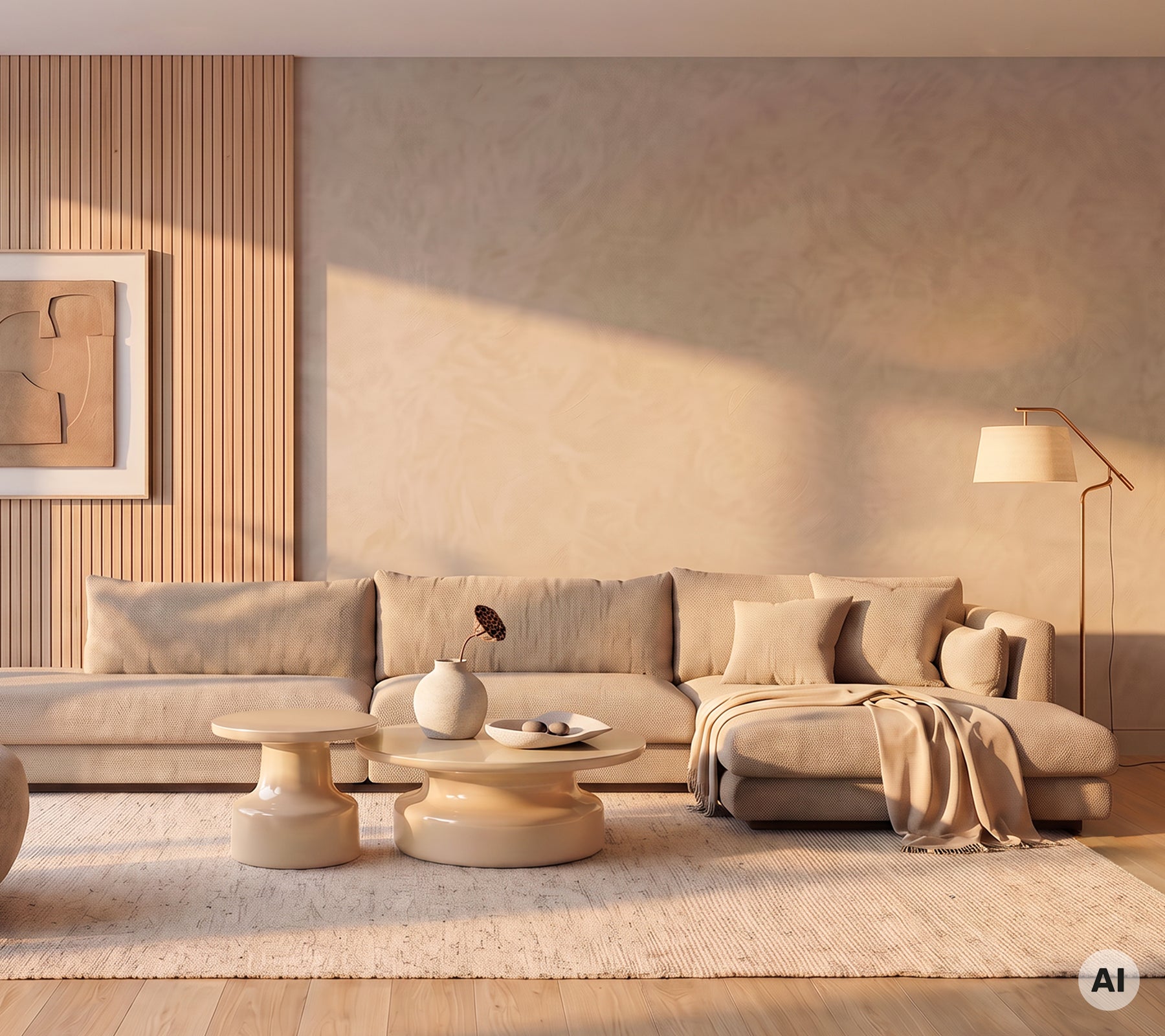Salón moderno y minimalista con un módulo de sofá beige y mesa de café redonda.