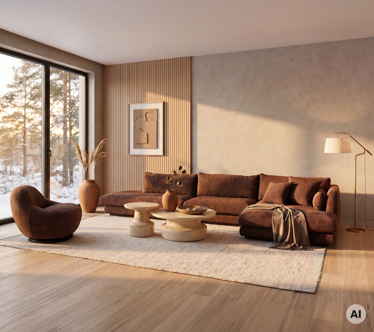 Sofá marrón y sillón con mesa de madera clara en un ambiente de salón moderno.