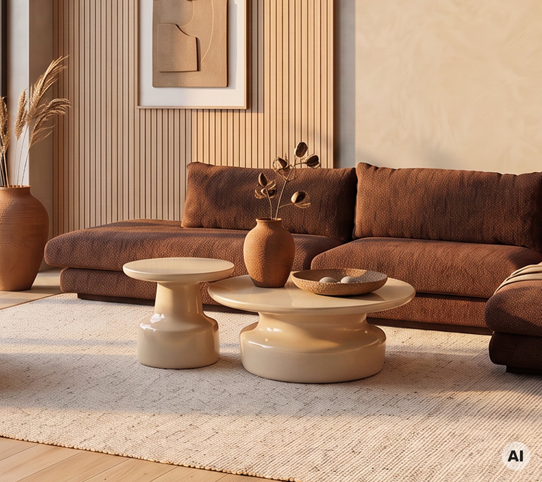 Sala moderna con un sofá marrón, mesas de café beige y jarrones decorativos.