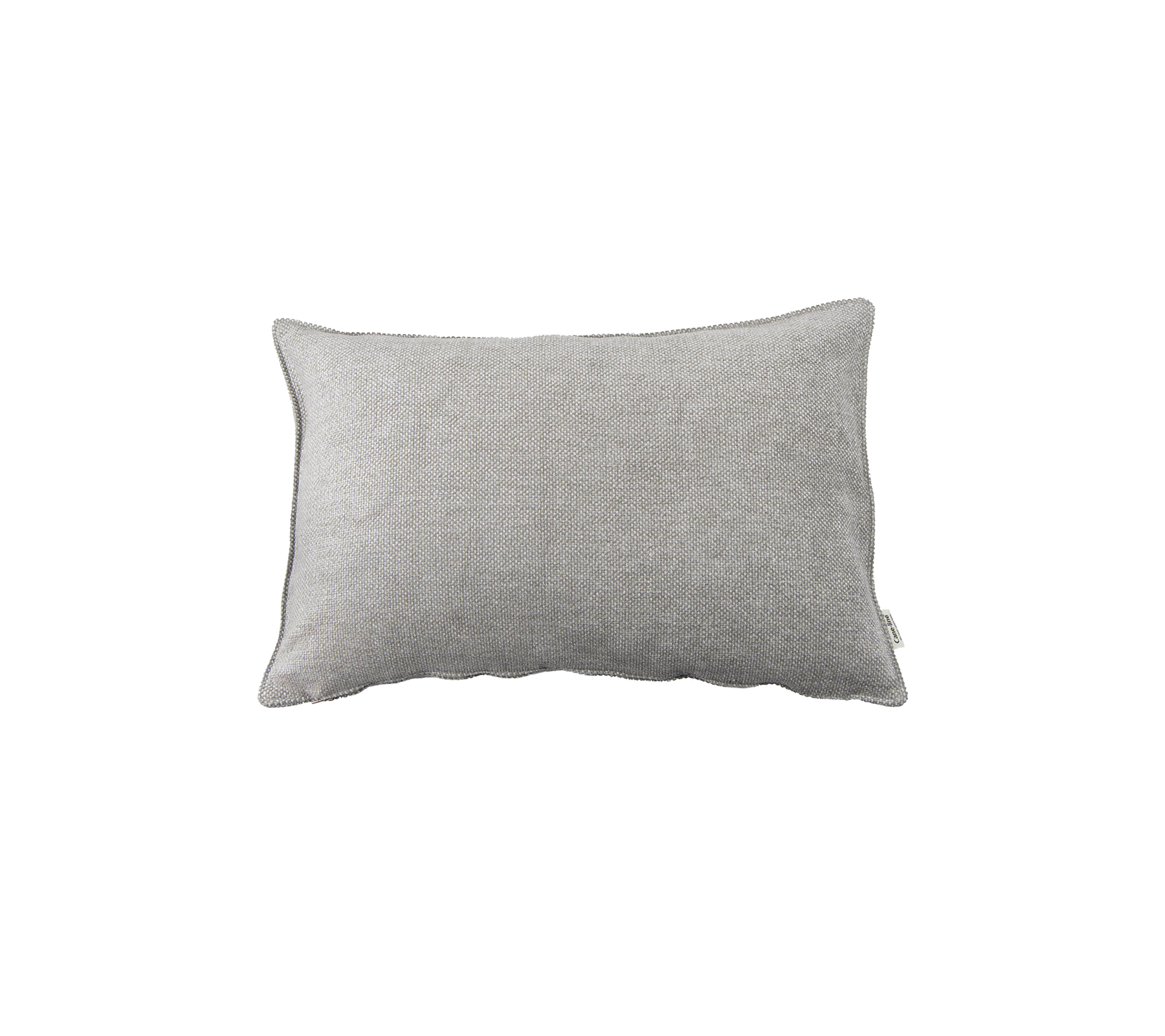 Cojín rectangular gris con una superficie de tela texturizada, diseñado para uso decorativo o de comodidad.