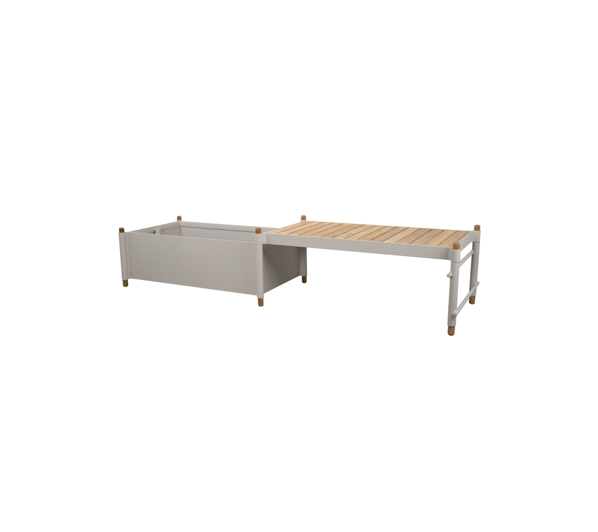 Plantera de madera con un diseño rectangular que cuenta con un contenedor gris claro y una parte superior de madera listonada para plantar.