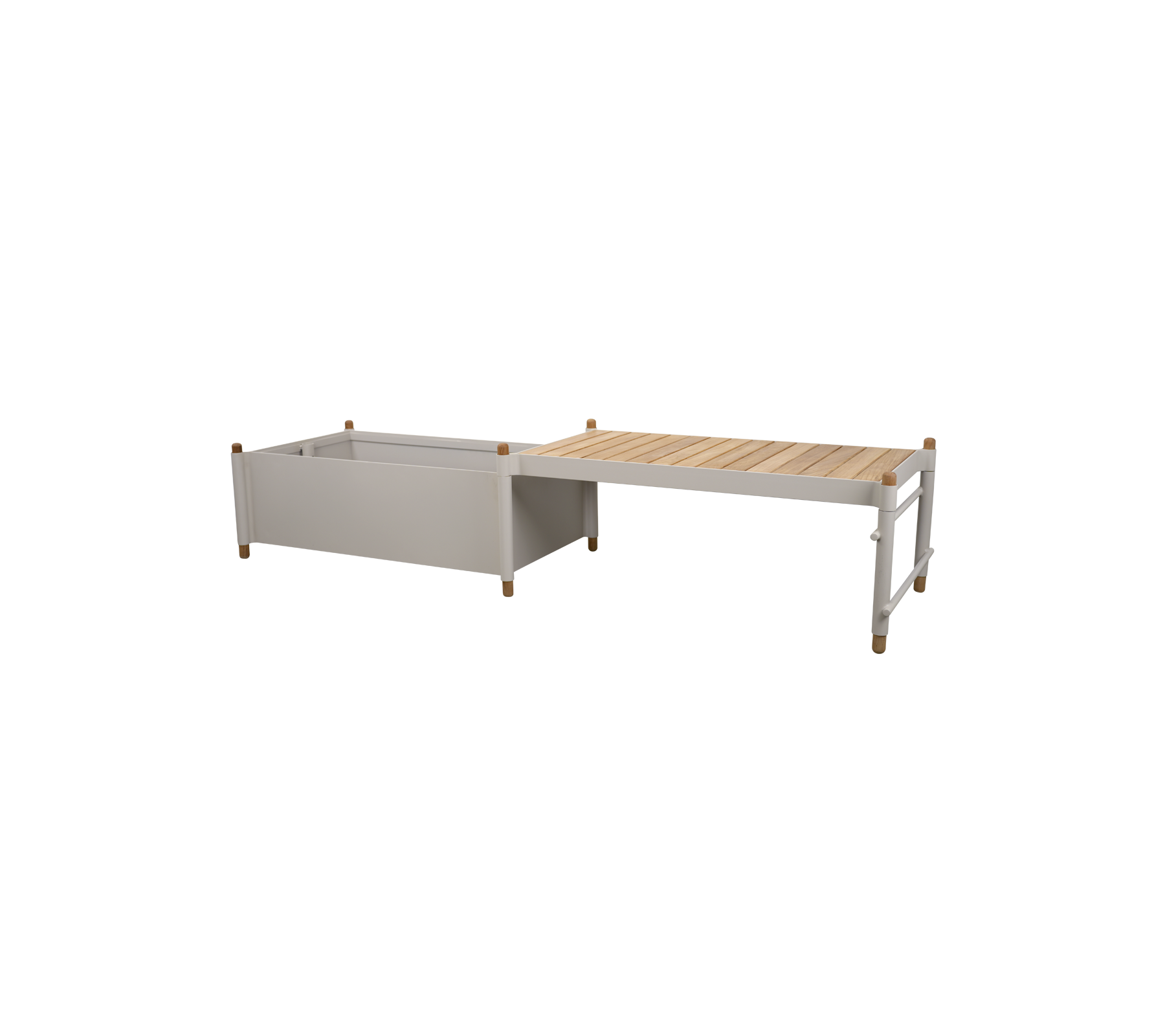 Plantera de madera con un diseño rectangular que cuenta con un contenedor gris claro y una parte superior de madera listonada para plantar.