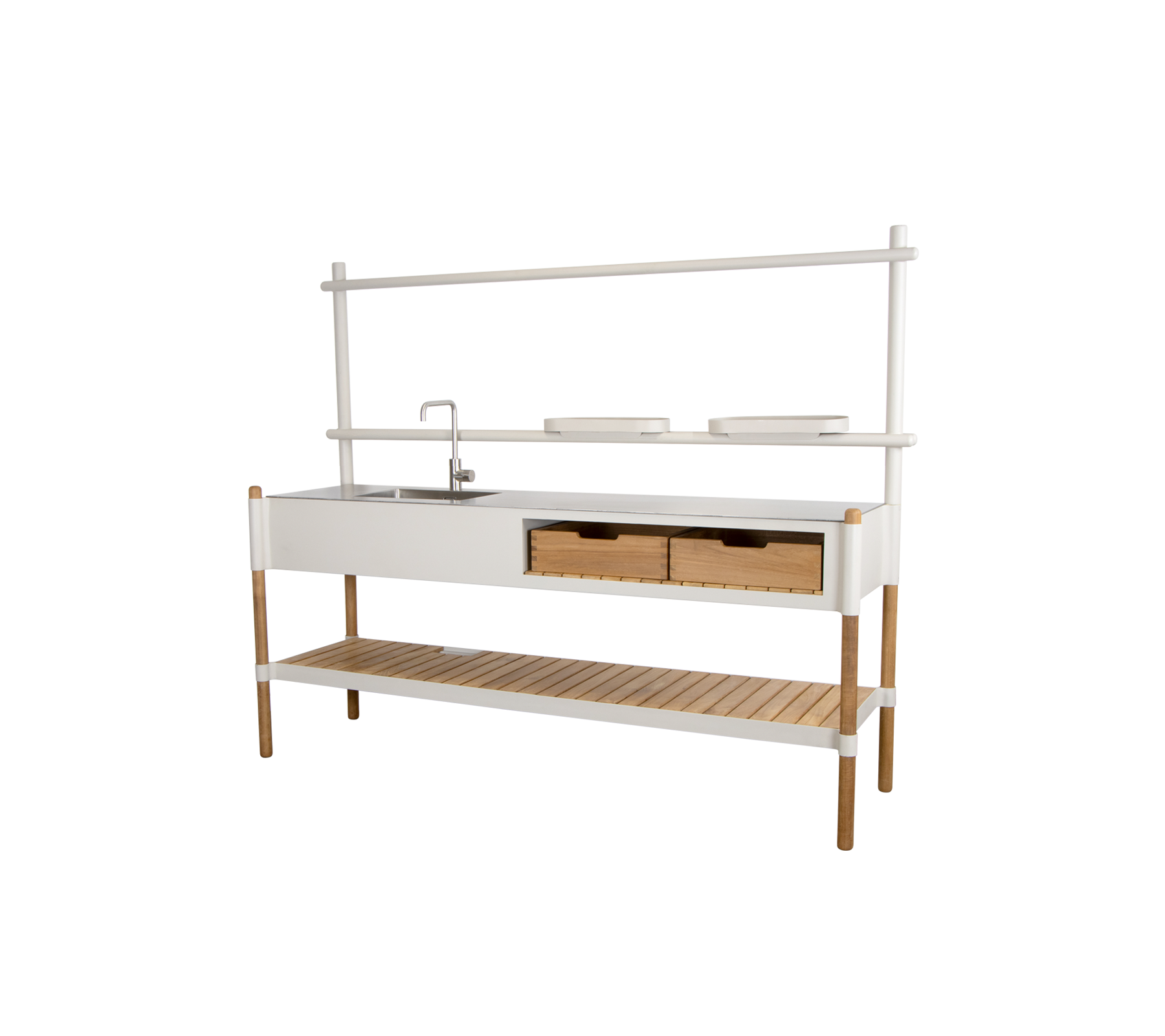 Unidad de cocina elegante con un fregadero, dos cajones y una estantería abierta para almacenamiento, complementada por un diseño moderno.