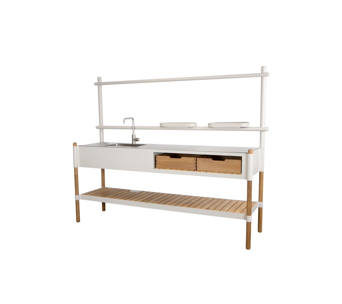 Unidad de cocina elegante con un fregadero, dos cajones y una estantería abierta para almacenamiento, complementada por un diseño moderno.