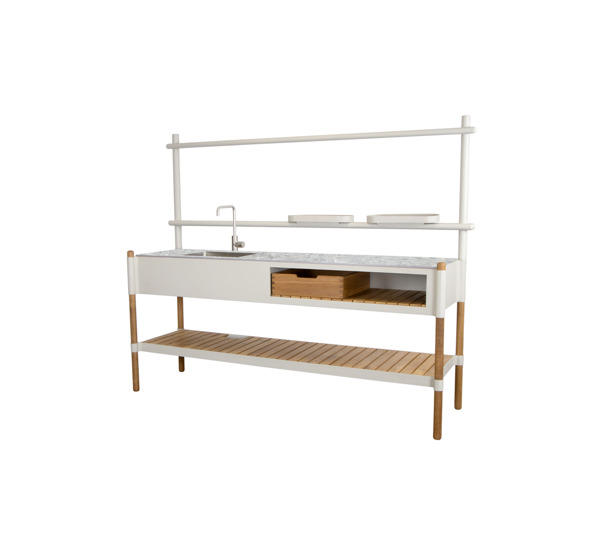 Unidad de cocina moderna con una encimera de mármol, cajones de almacenamiento y una estantería abierta apoyada en patas de madera.