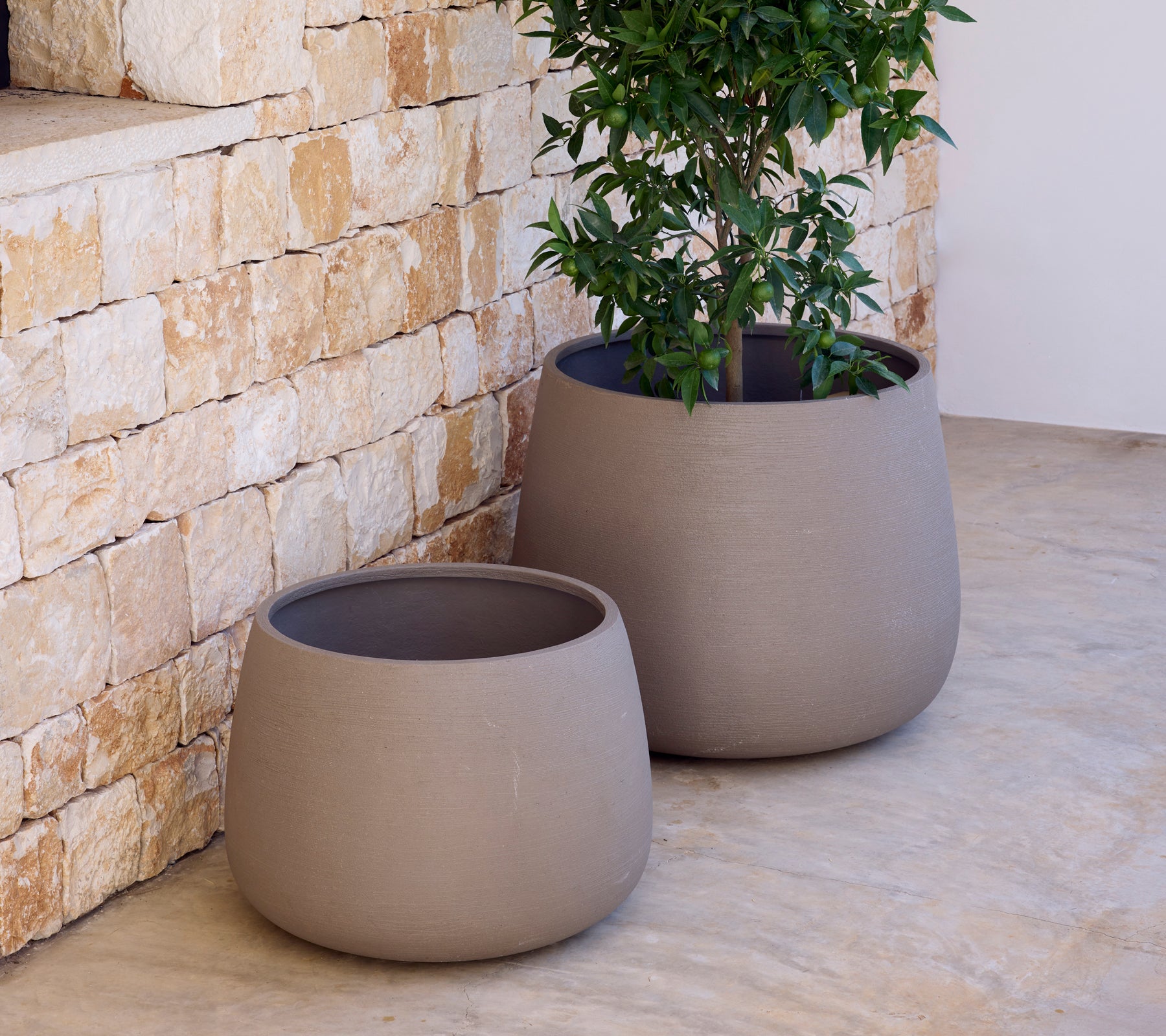Dos macetas grises modernas con una planta verde contra una pared de piedra.