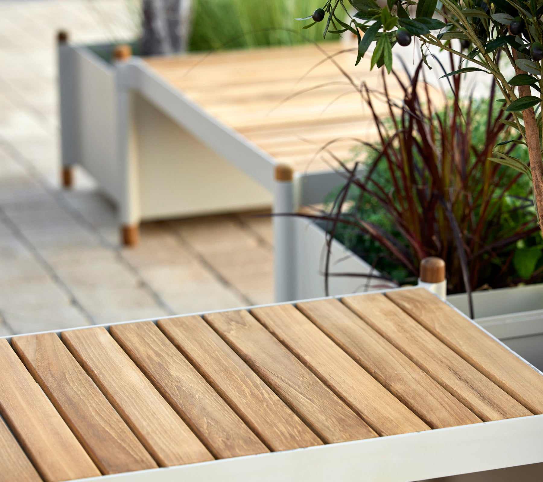 Superficie de listones de madera con elementos de diseño minimalista, rodeada de vegetación y macetas decorativas.