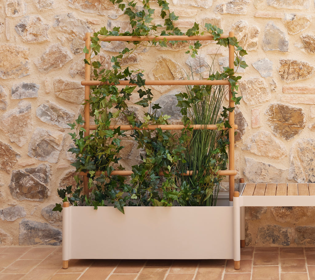 Gran macetero con un enrejado de madera, adornado con exuberantes vides y plantas verdes, colocado contra un fondo de piedra texturizado.